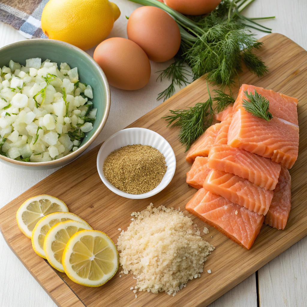 Ingredients for homemade salmon patties arranged on a table, including salmon, eggs, breadcrumbs, and fresh herbs