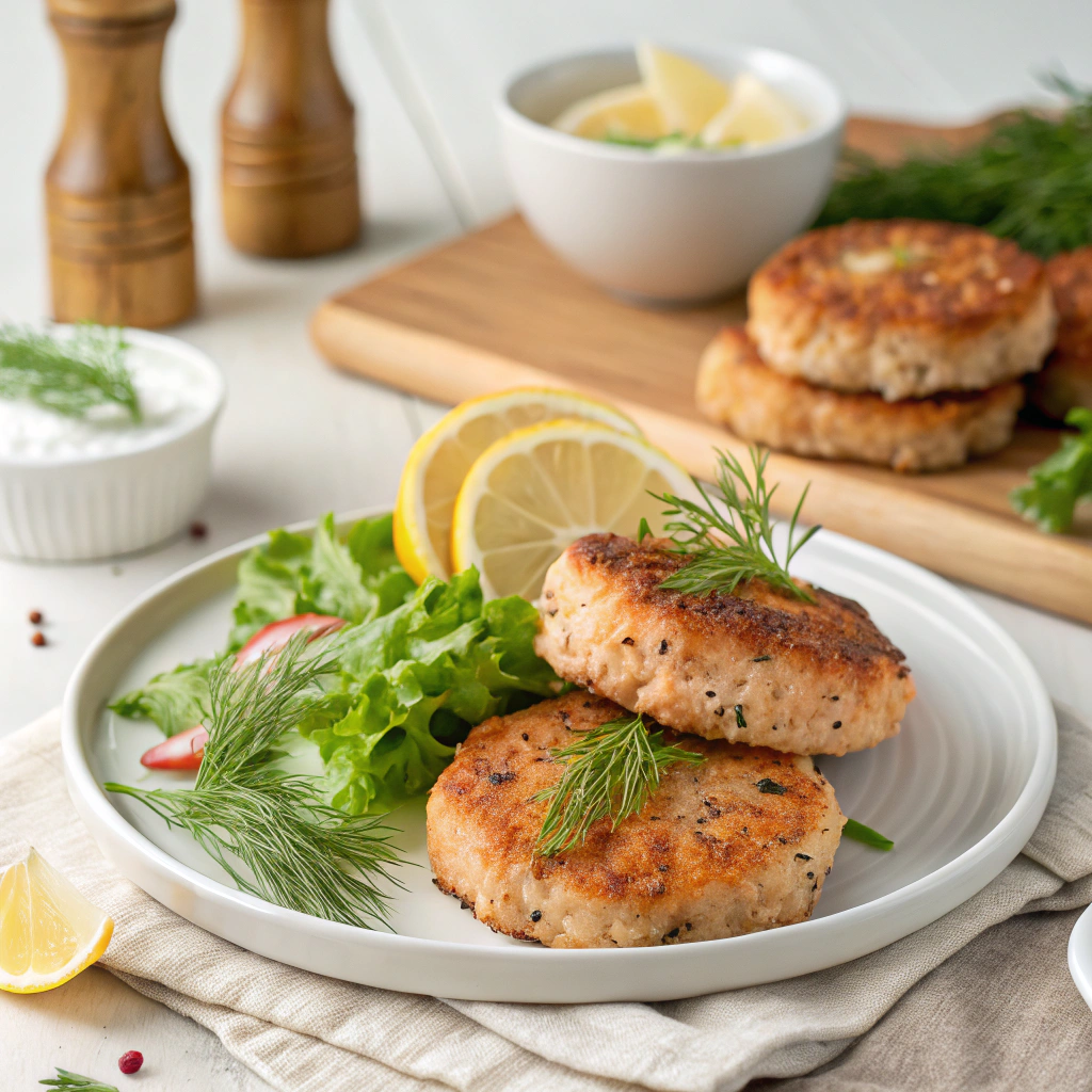 Golden crispy salmon patties served with lemon wedges and a side of tartar sauce