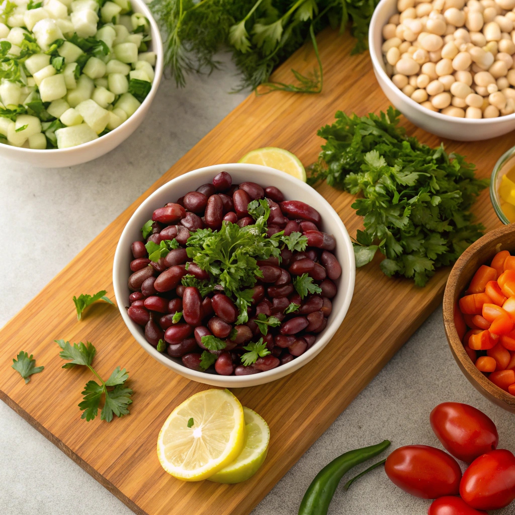 A colorful dense bean salad featuring various beans, fresh vegetables, and herbs in a vibrant bowl.