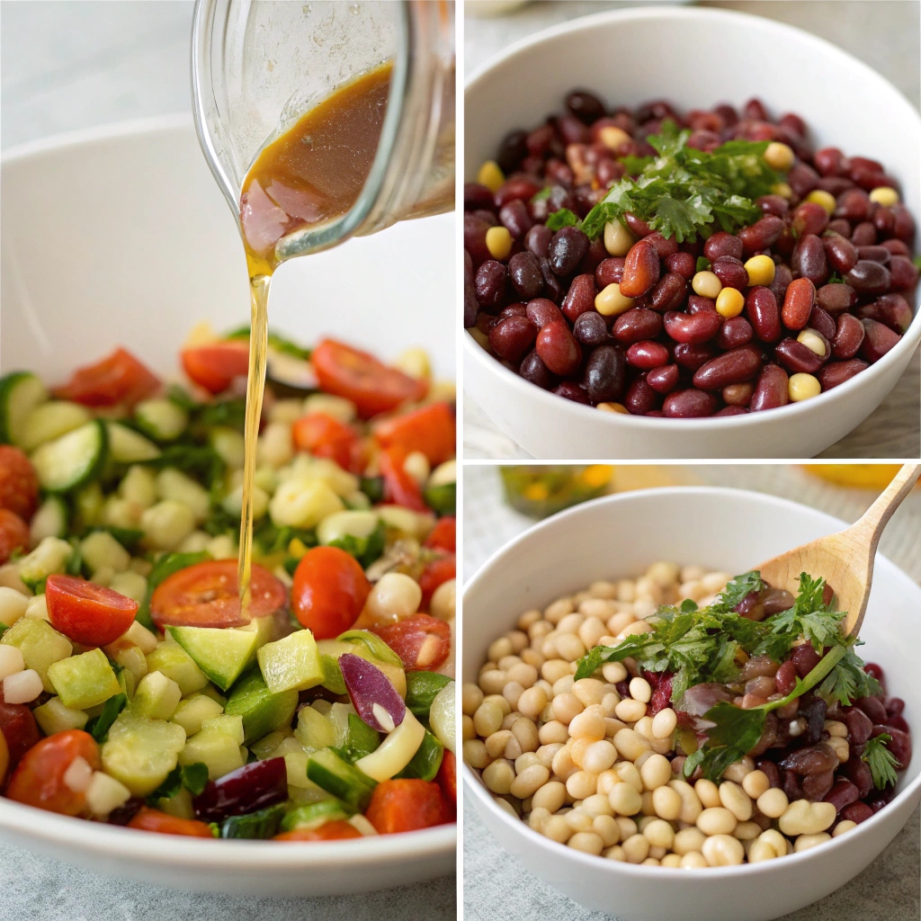 Step-by-step images of preparing and assembling a dense bean salad, including chopping vegetables, mixing ingredients, and dressing