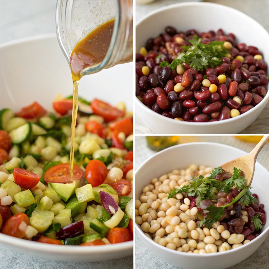 A colorful dense bean salad featuring various beans, fresh vegetables, and herbs in a vibrant bowl.