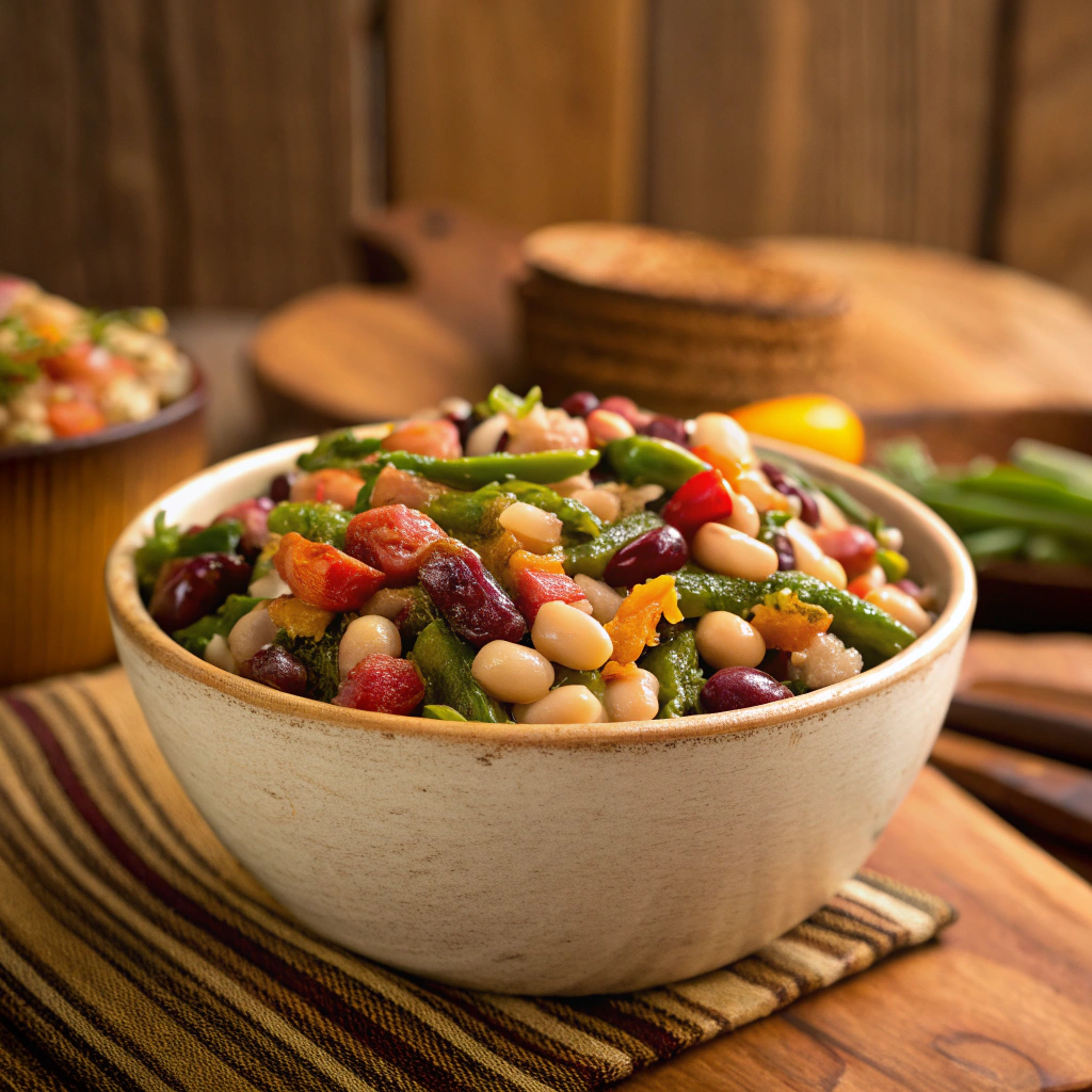 A colorful dense bean salad featuring various beans, fresh vegetables, and herbs in a vibrant bowl.