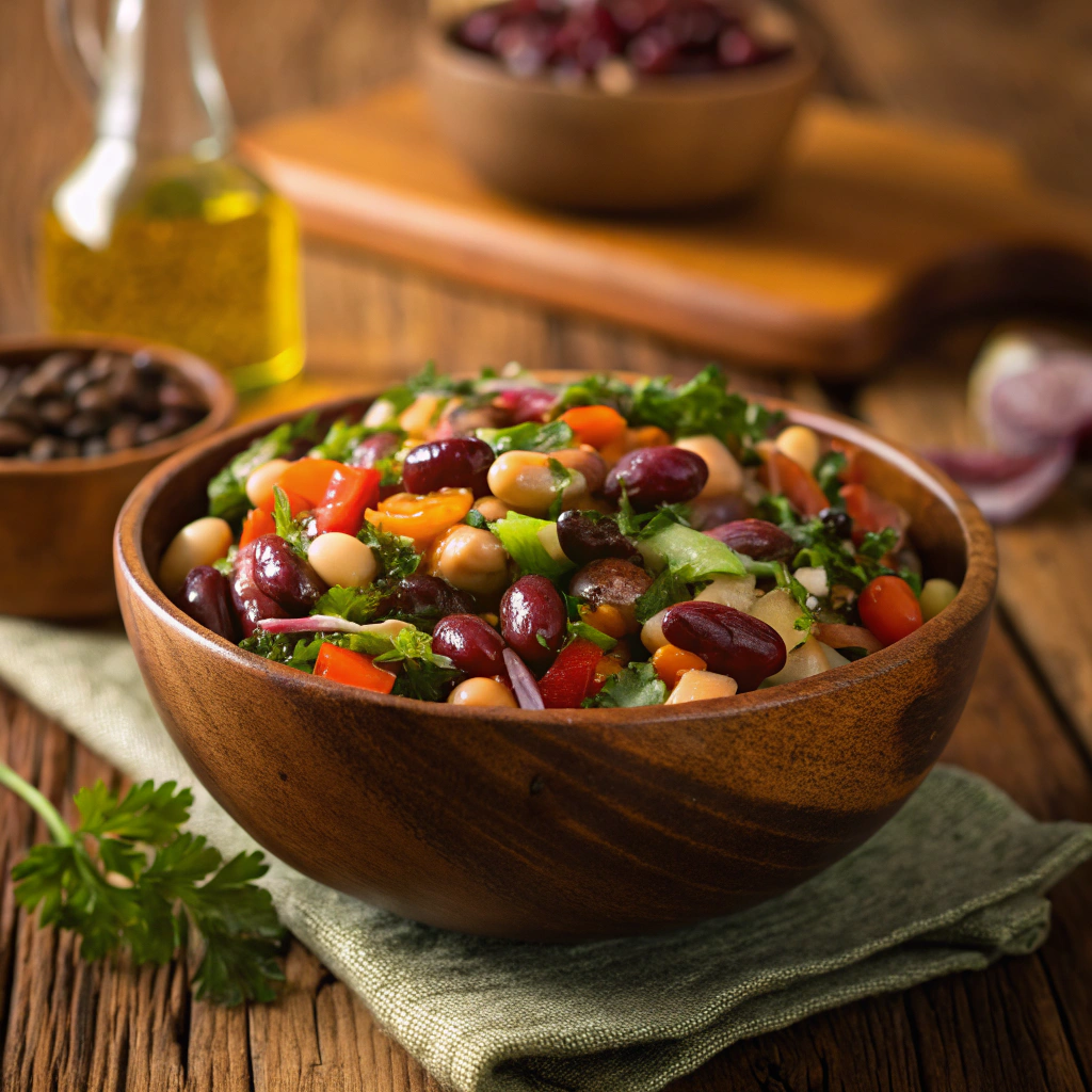 A vibrant bowl of dense bean salad with mixed beans, vegetables, and herbs