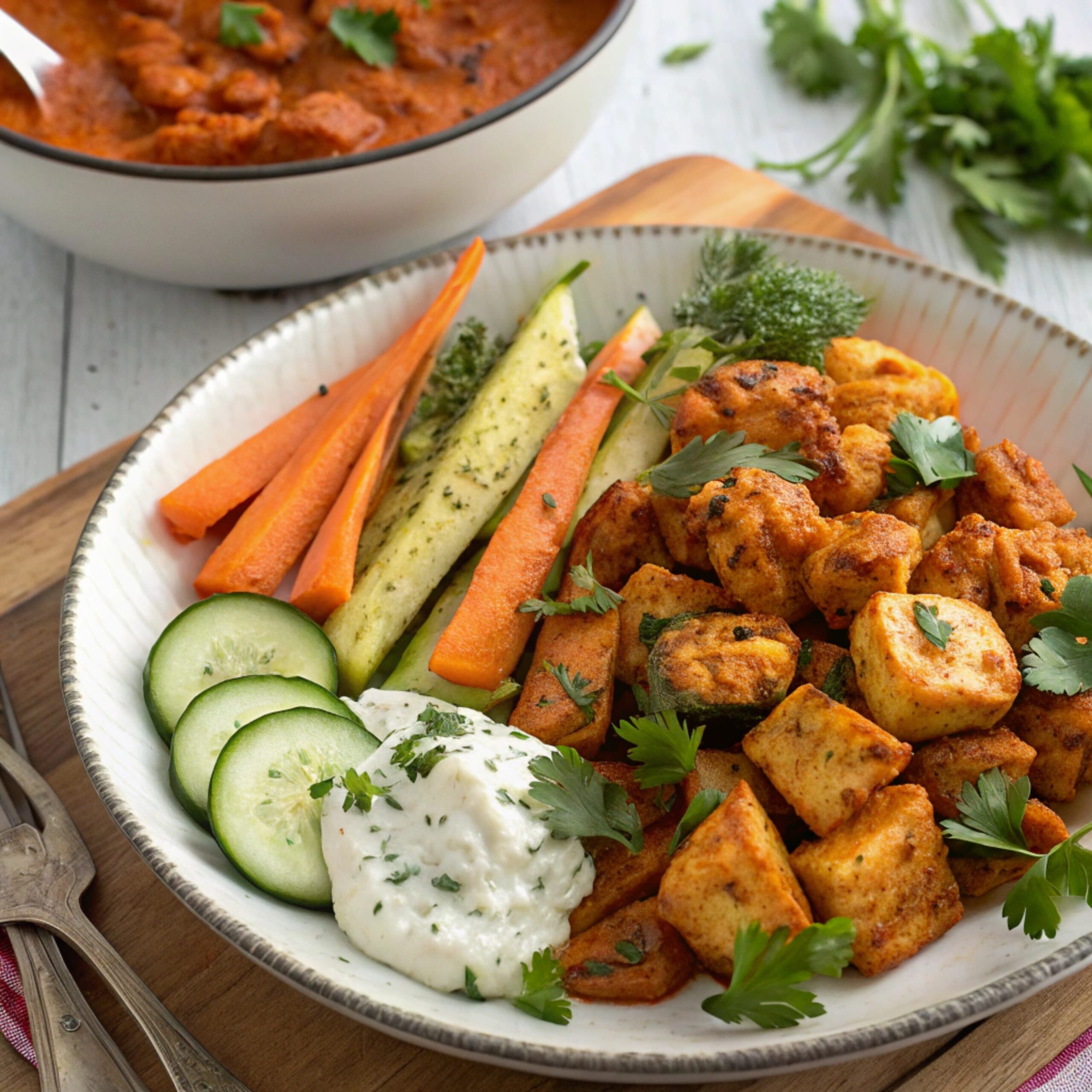 Colorful plated Chicken Tikka Masala served with roasted vegetables and cucumber raita