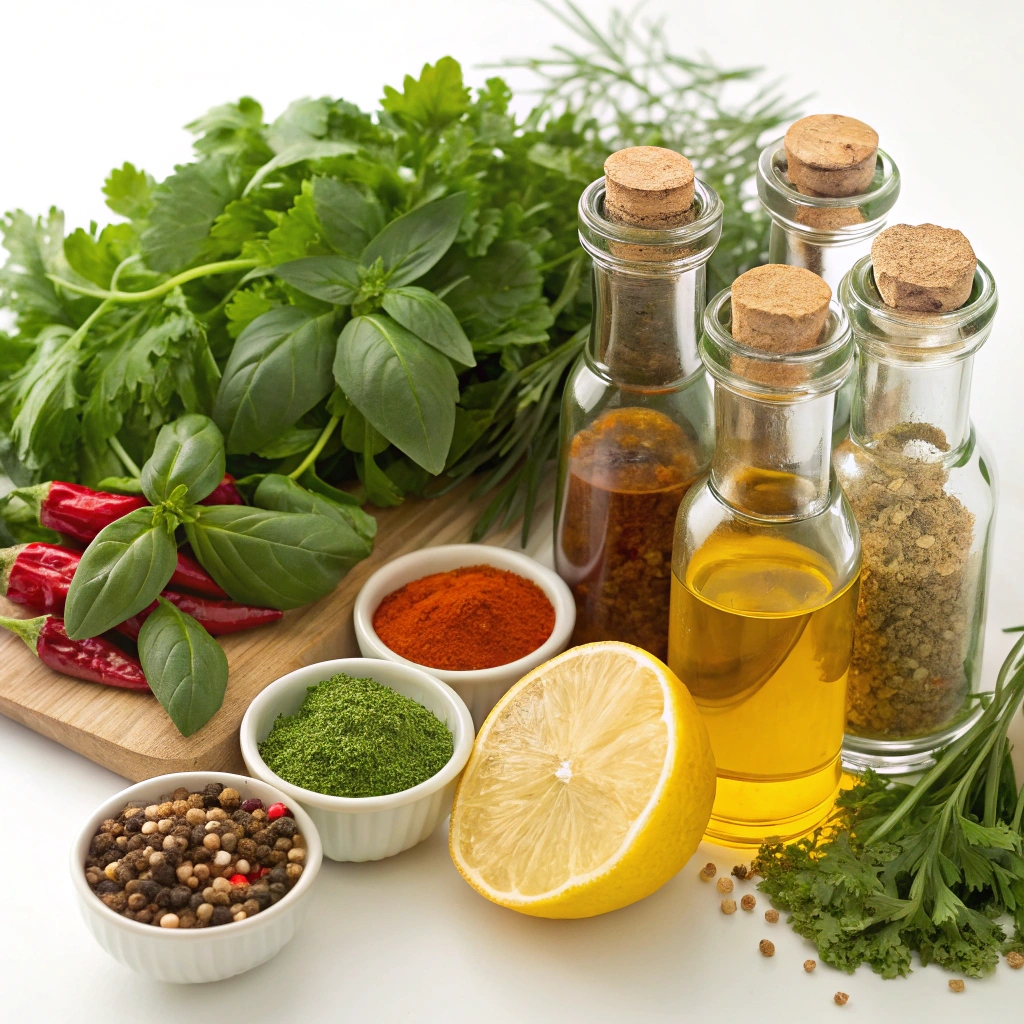 A selection of fresh herbs, lemon wedges, and bottles of vinegar and spices arranged on a kitchen countertop, ready to enhance healthy meals.