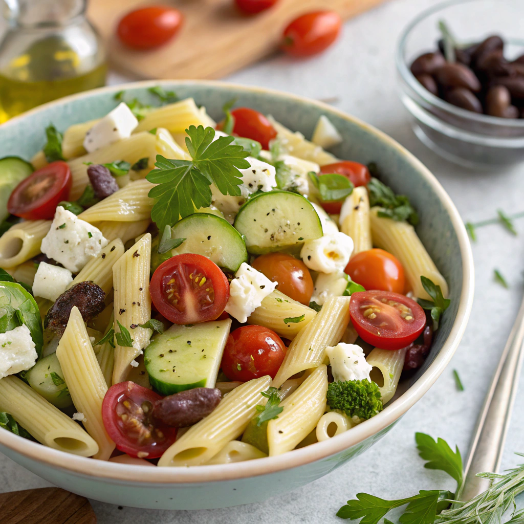  A colorful bowl of pasta salad with fresh vegetables, herbs, and a light dressing – perfect for any occasion.