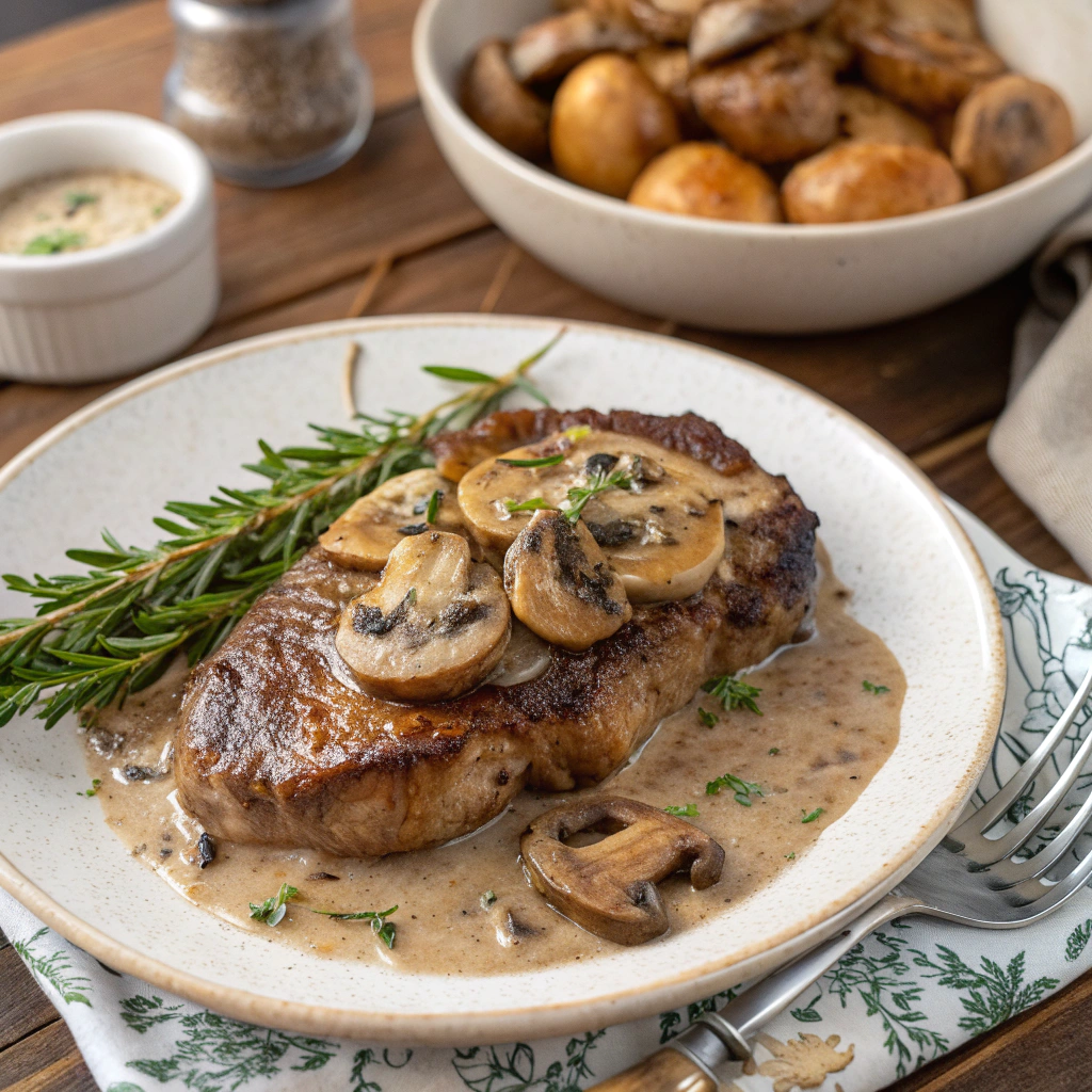 Juicy Steak with Mushroom Sauce served on a white plate with fresh herbs