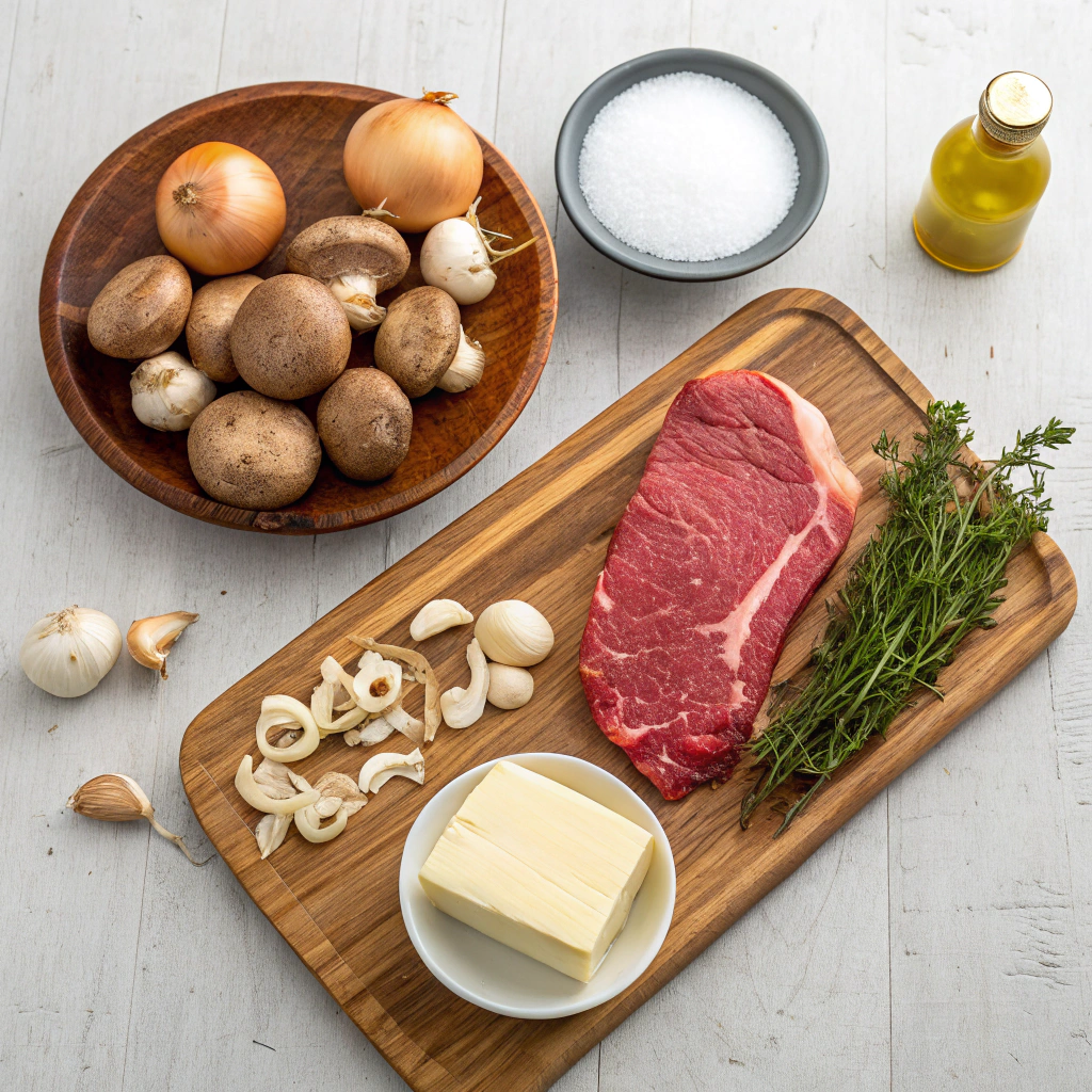 Juicy Steak with Mushroom Sauce served on a white plate with fresh herbs