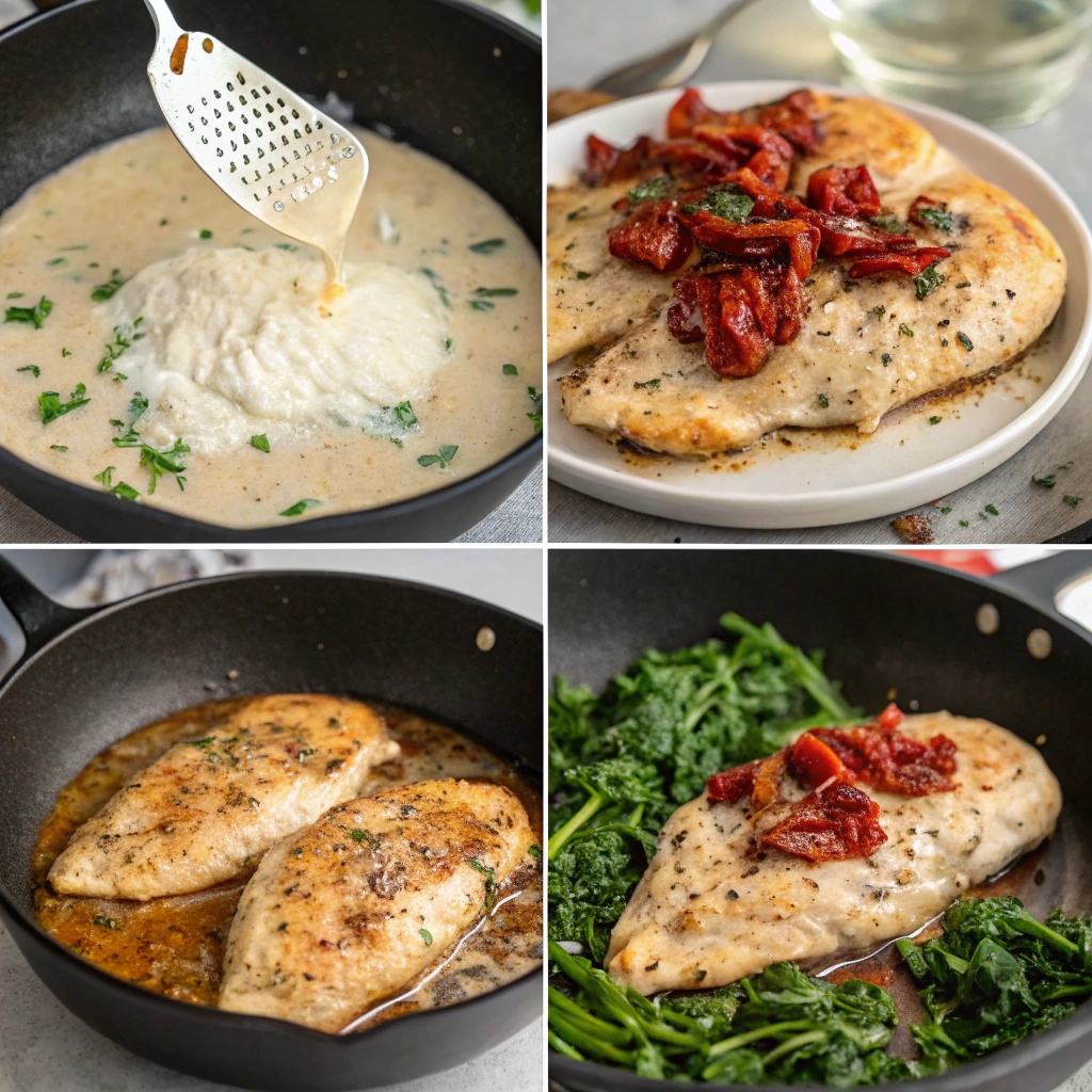 Step-by-step visuals of searing chicken, sautéing garlic and sun-dried tomatoes, pouring in cream, and adding spinach in a skillet.