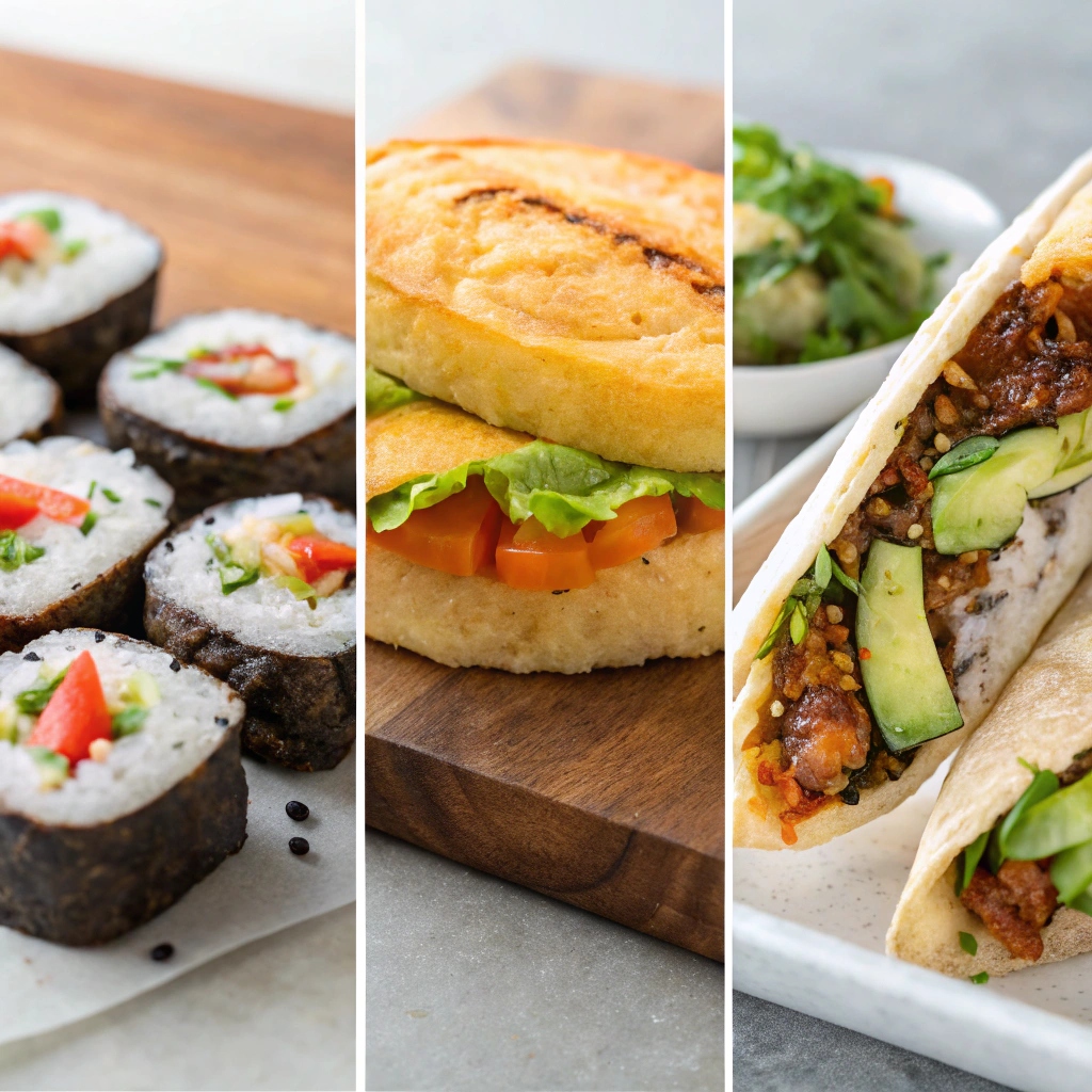 A beautifully arranged platter featuring various healthy lunch options, including salads, wraps, and bowls filled with colorful vegetables, grains, and proteins.