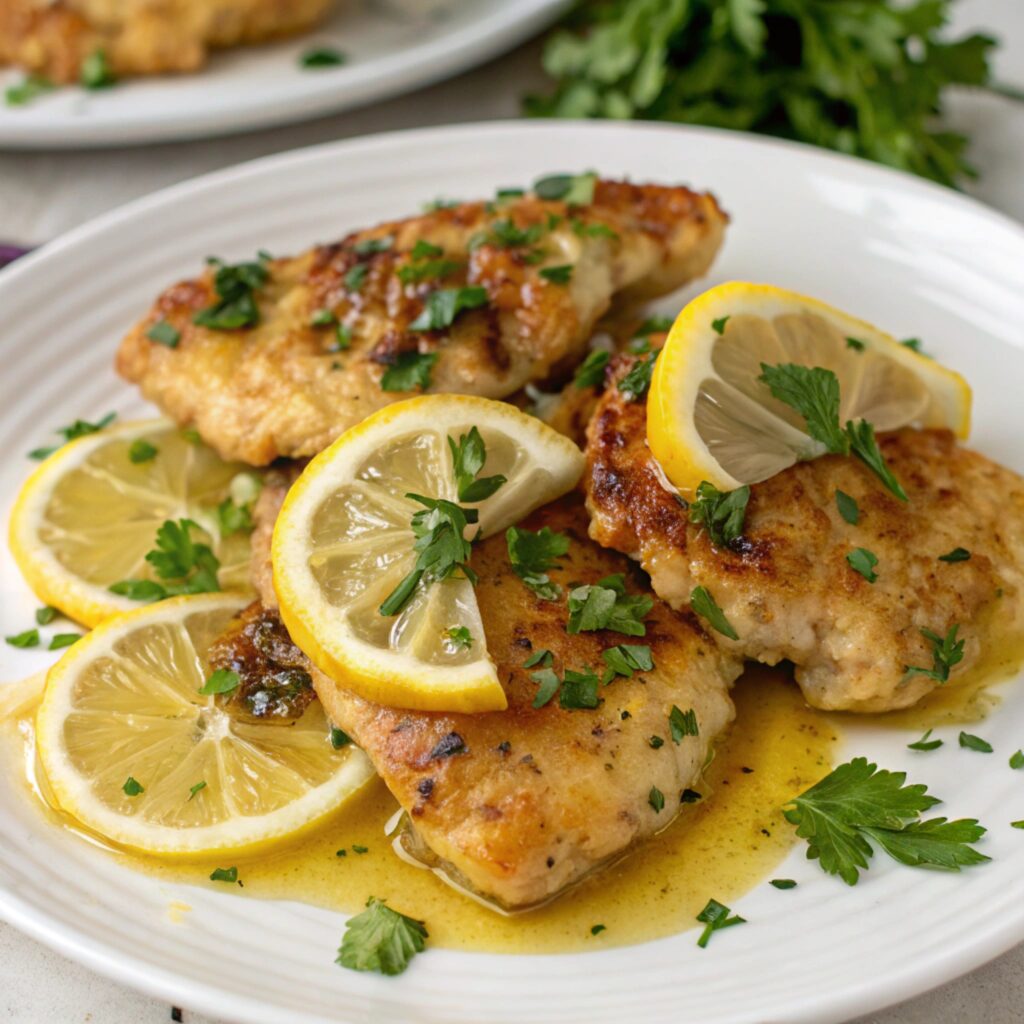 Final plated lemon chicken dish garnished with herbs and served with vegetables