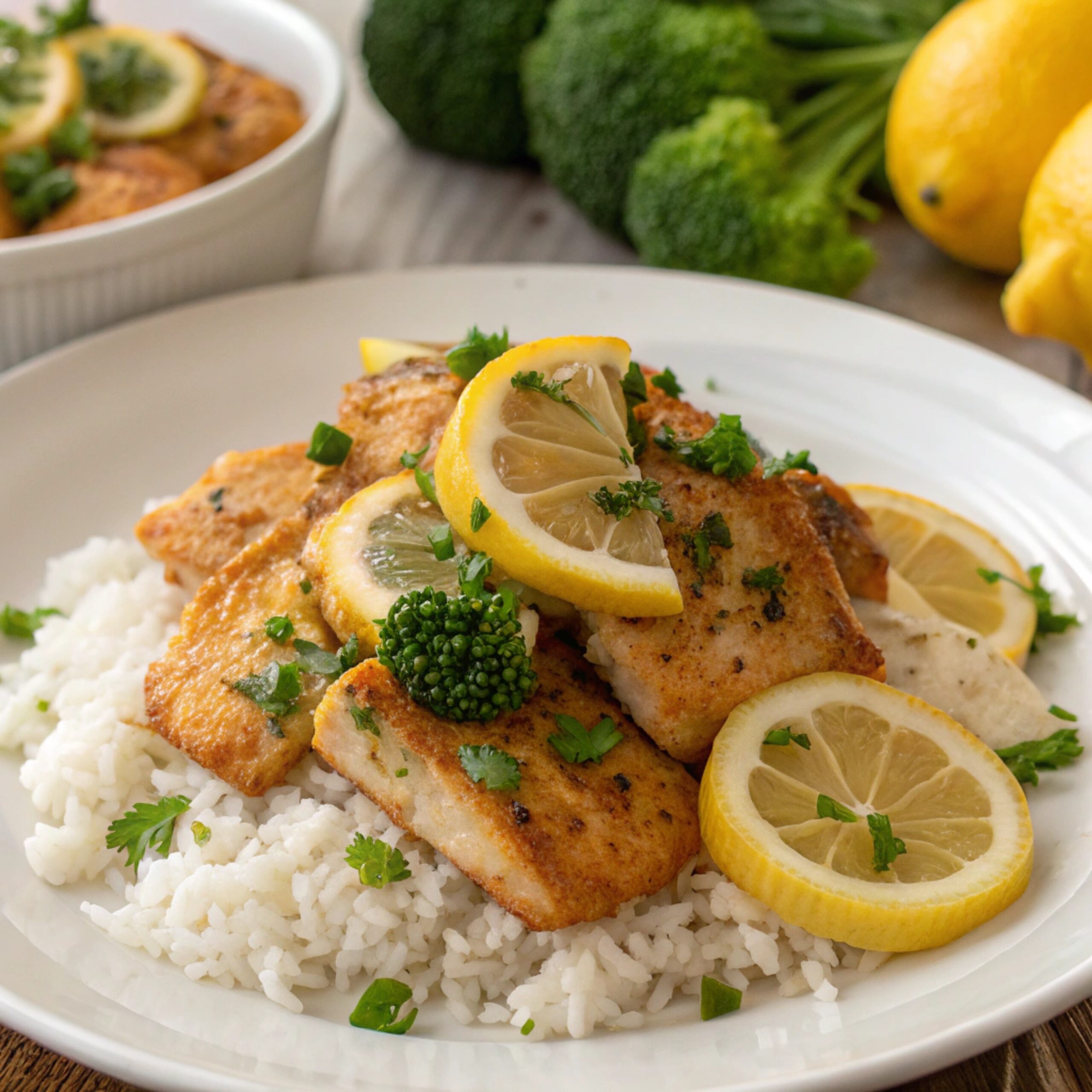 Lemon chicken served atop a bed of fluffy rice with fresh herbs