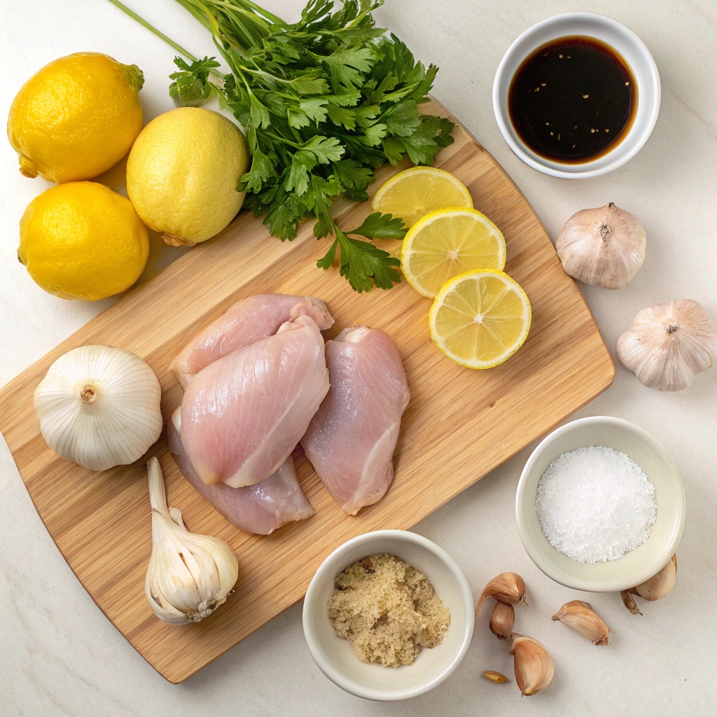 Assortment of ingredients for lemon chicken including chicken breasts, lemons, garlic, olive oil, and herbs