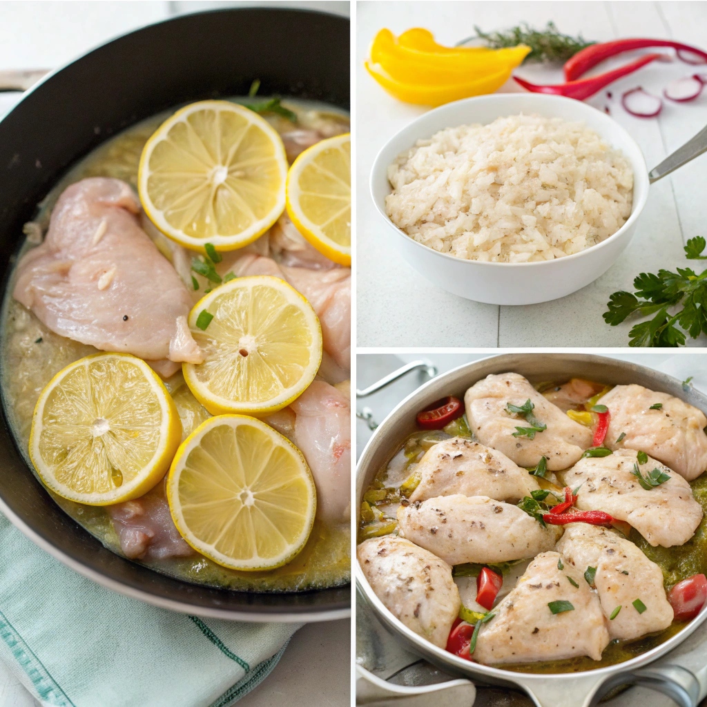 Step-by-step process of making lemon chicken, including marinating, baking, and garnishing