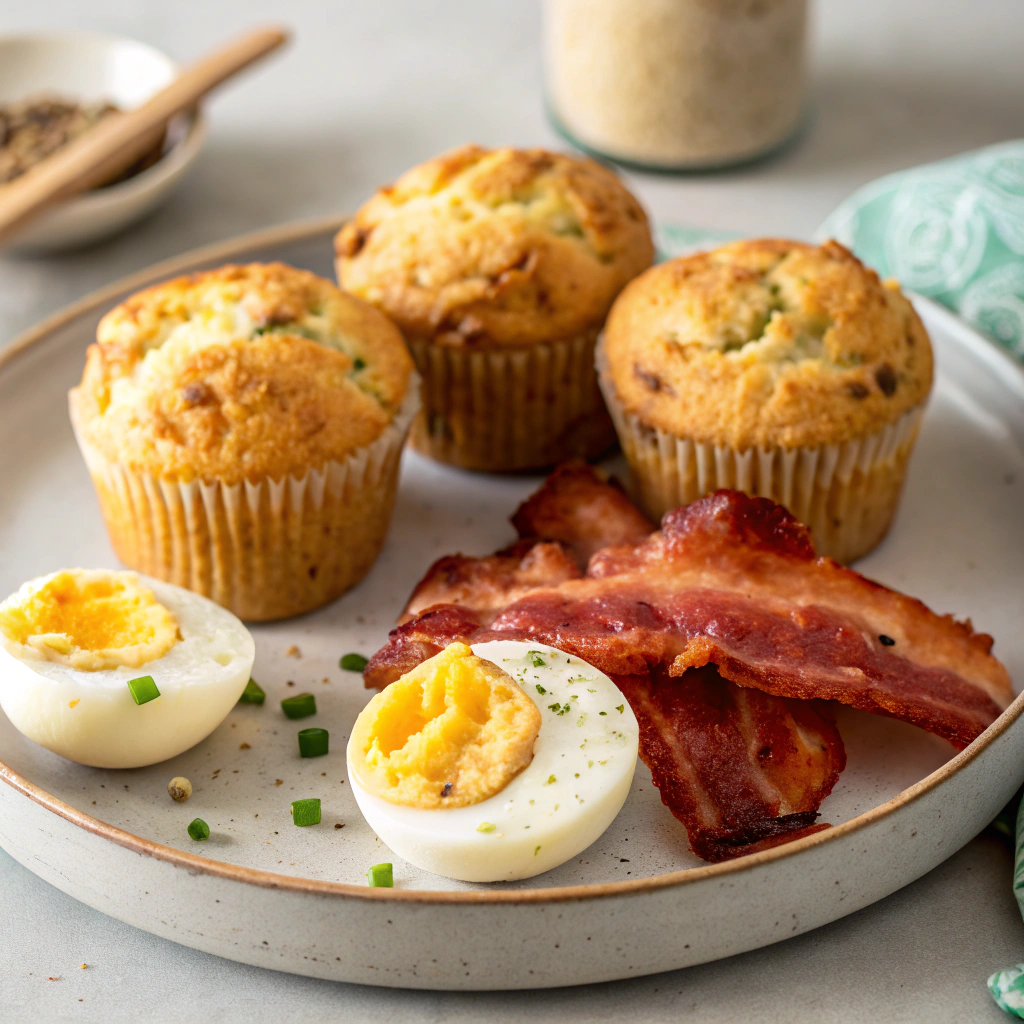 "Bacon & Egg Breakfast Muffins – Savory muffins with crispy bacon, fluffy eggs, and melted cheese, perfect for a quick and delicious breakfast."