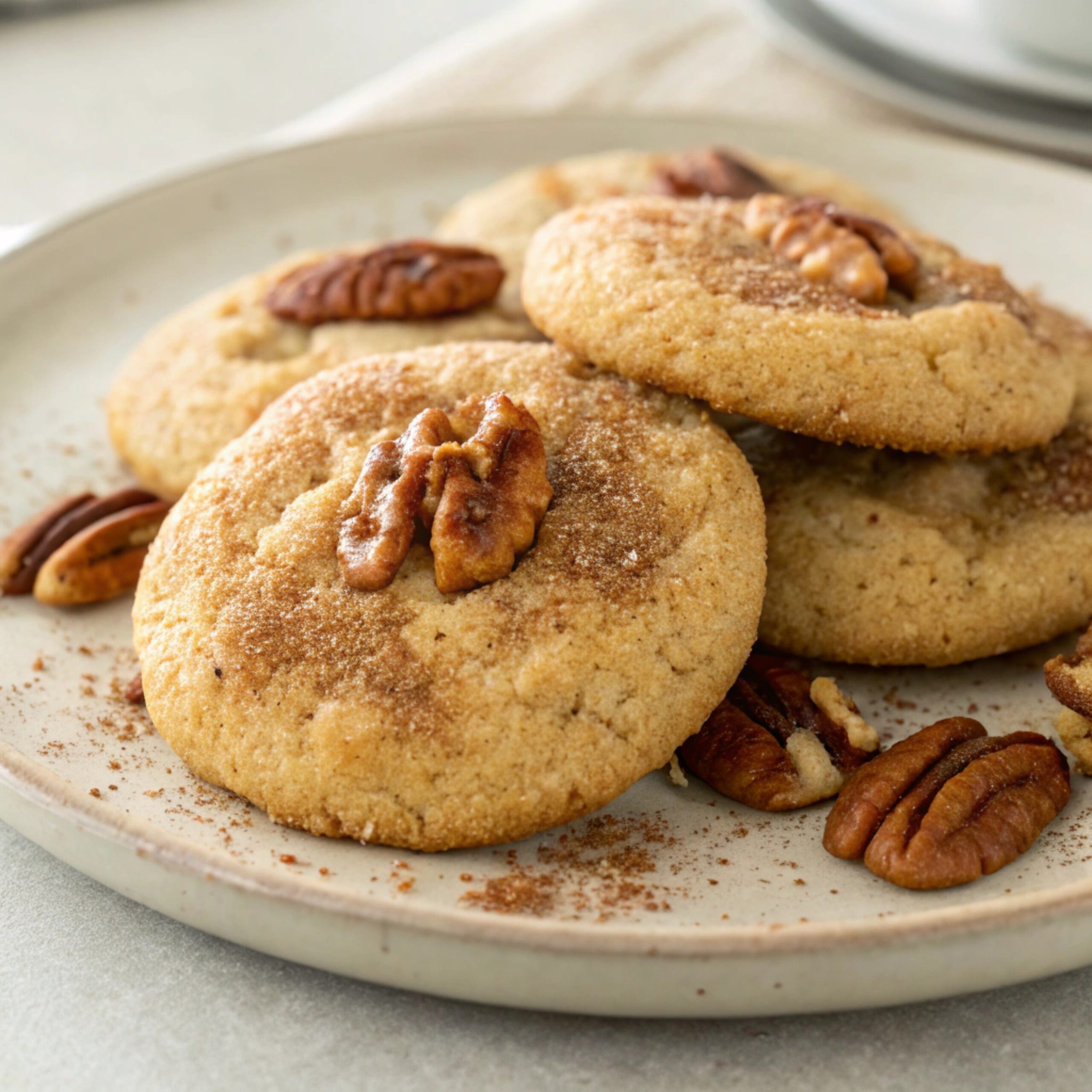 Golden-brown Nutty Snickerdoodles sprinkled with cinnamon sugar and chopped nuts.