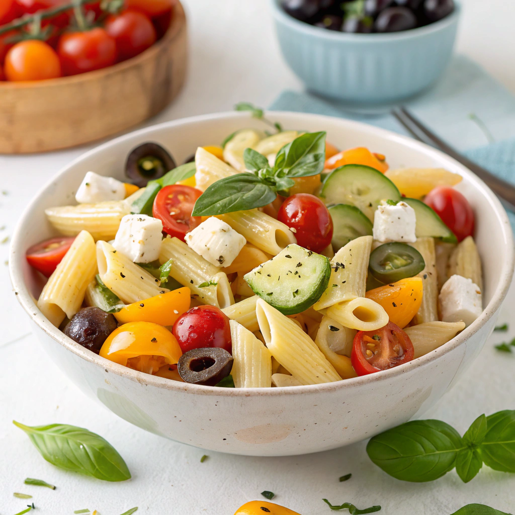  A colorful bowl of pasta salad with fresh vegetables, herbs, and a light dressing – perfect for any occasion.