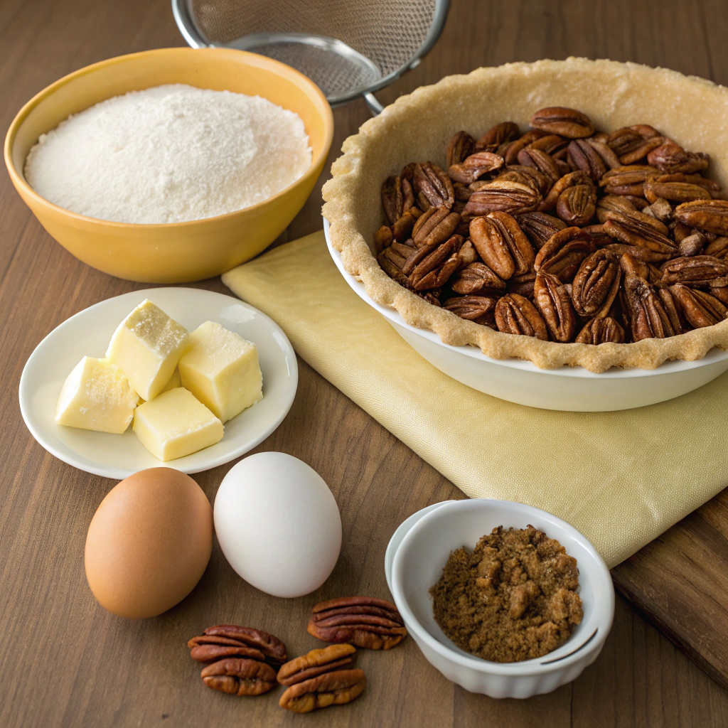 A delicious, golden pecan pie with a crispy crust and rich, caramelized filling.