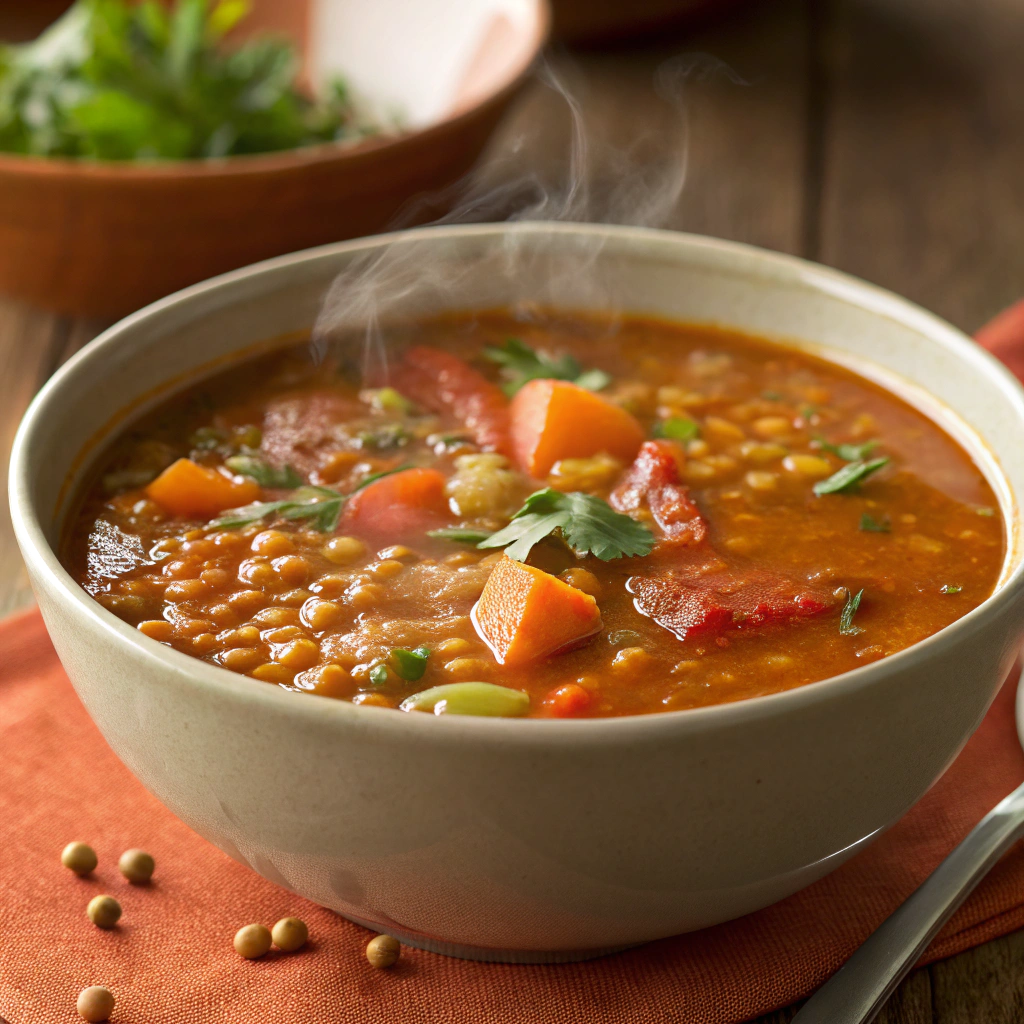 A steaming bowl of nutritious red lentil soup garnished with fresh herbs and served with crusty bread.