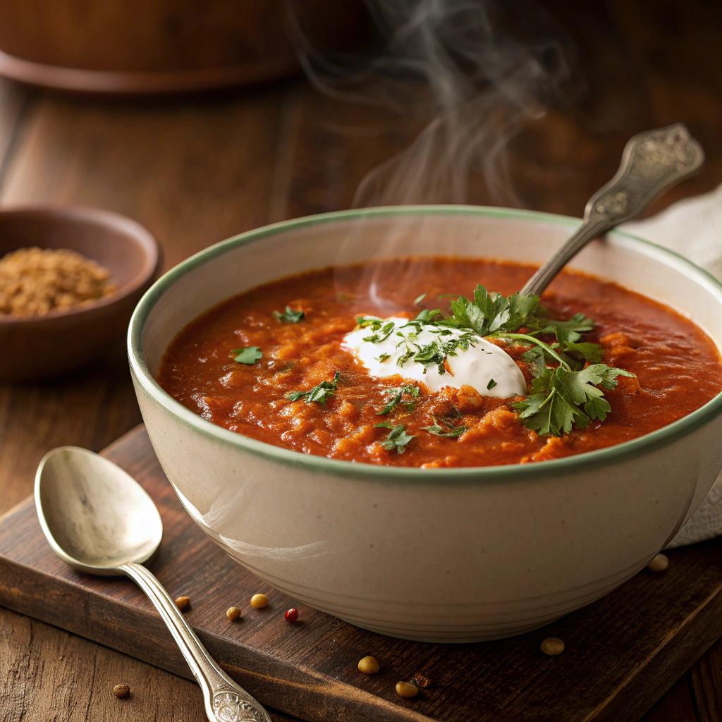 "A steaming bowl of red lentil soup garnished with fresh herbs and a lemon wedge"