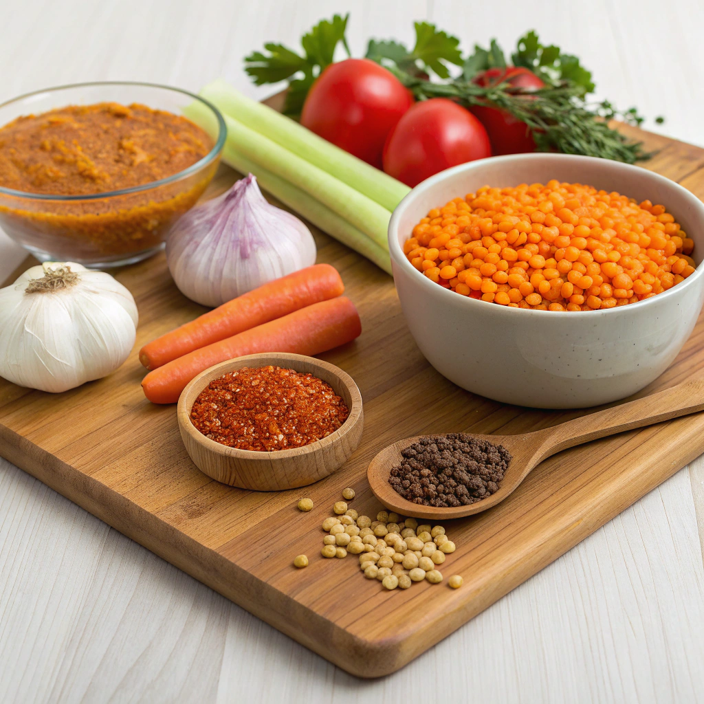 "Assorted ingredients for making red lentil soup, including red lentils, chopped vegetables, herbs, and spices"