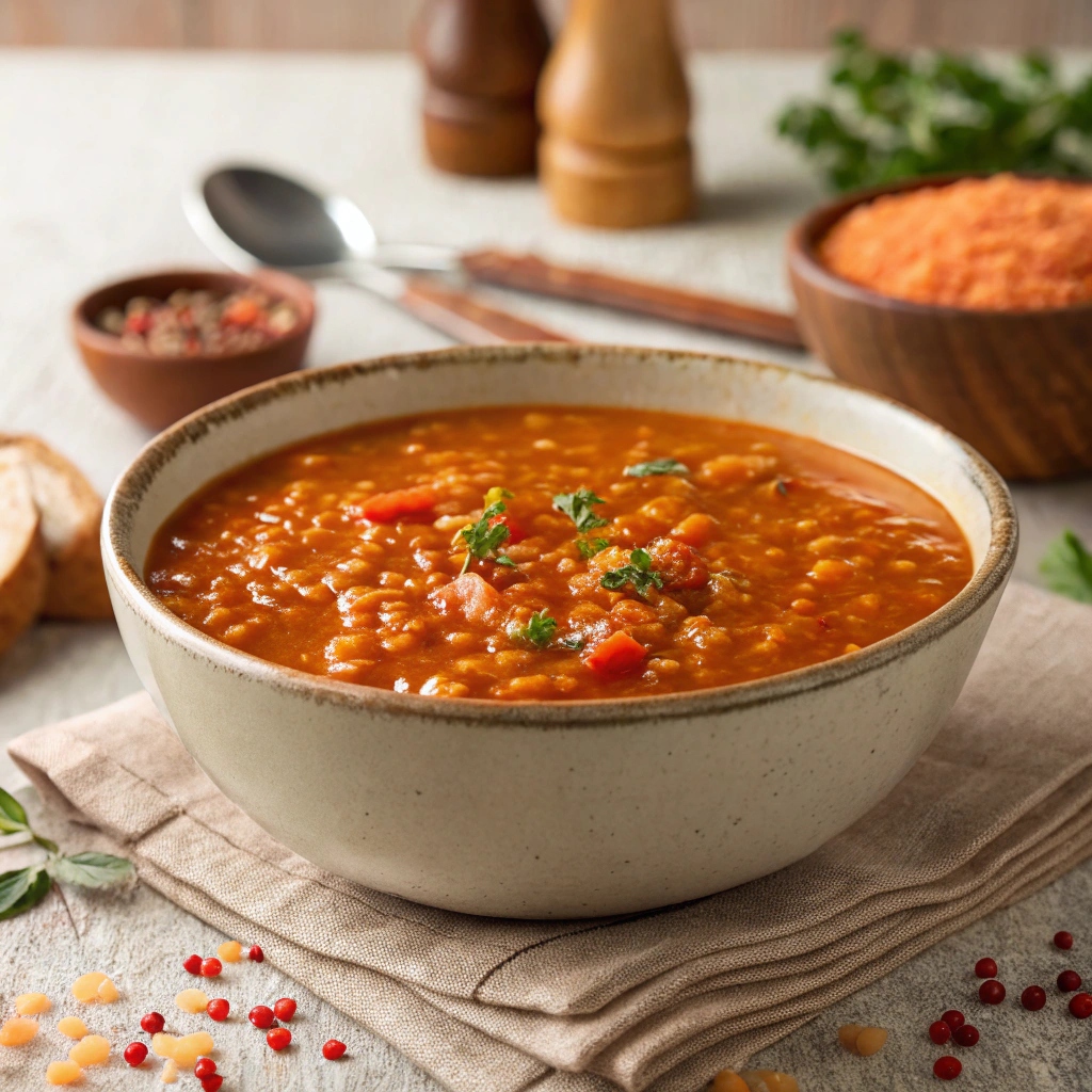 Bowl of creamy red lentil soup garnished with lemon wedges and herbs, ready to serve.