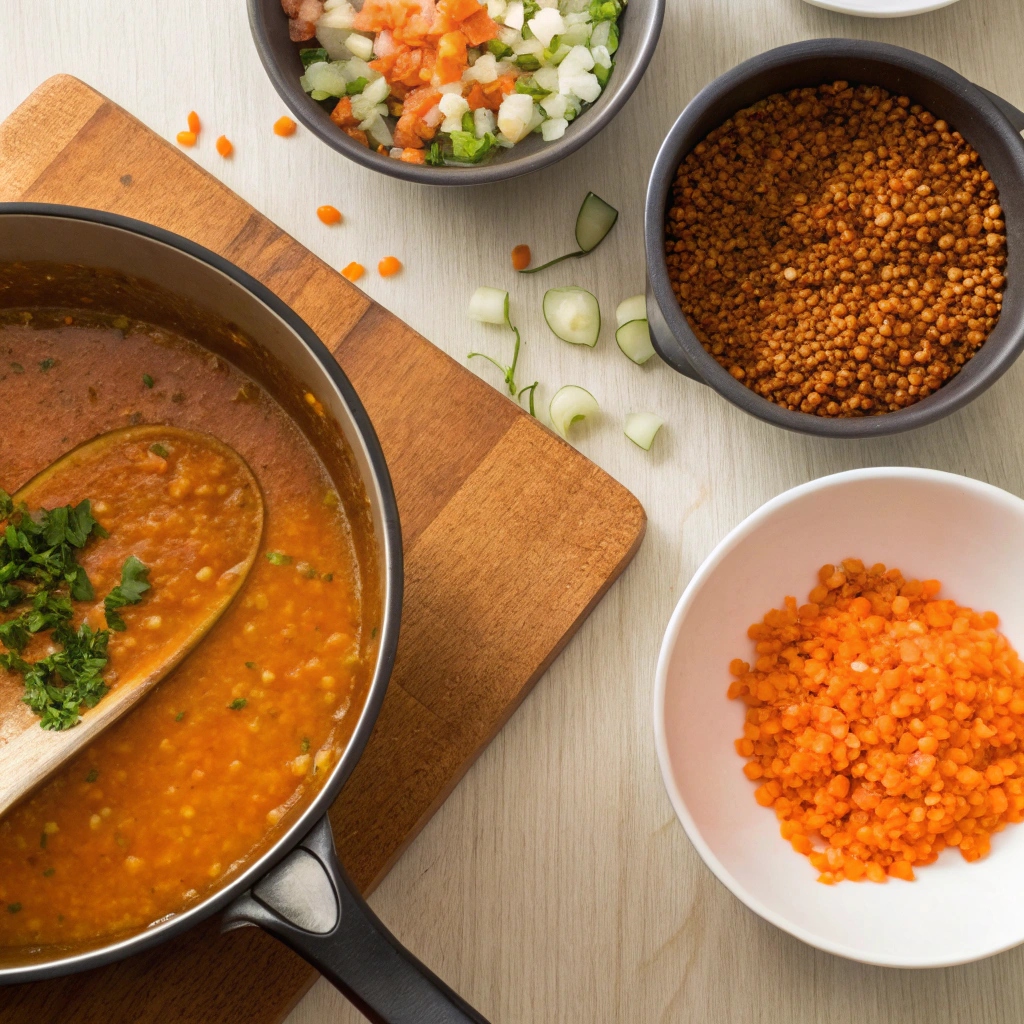 Series of images showing each step in making Ryan’s red lentil soup — from prep and sautéing to blending and serving.
