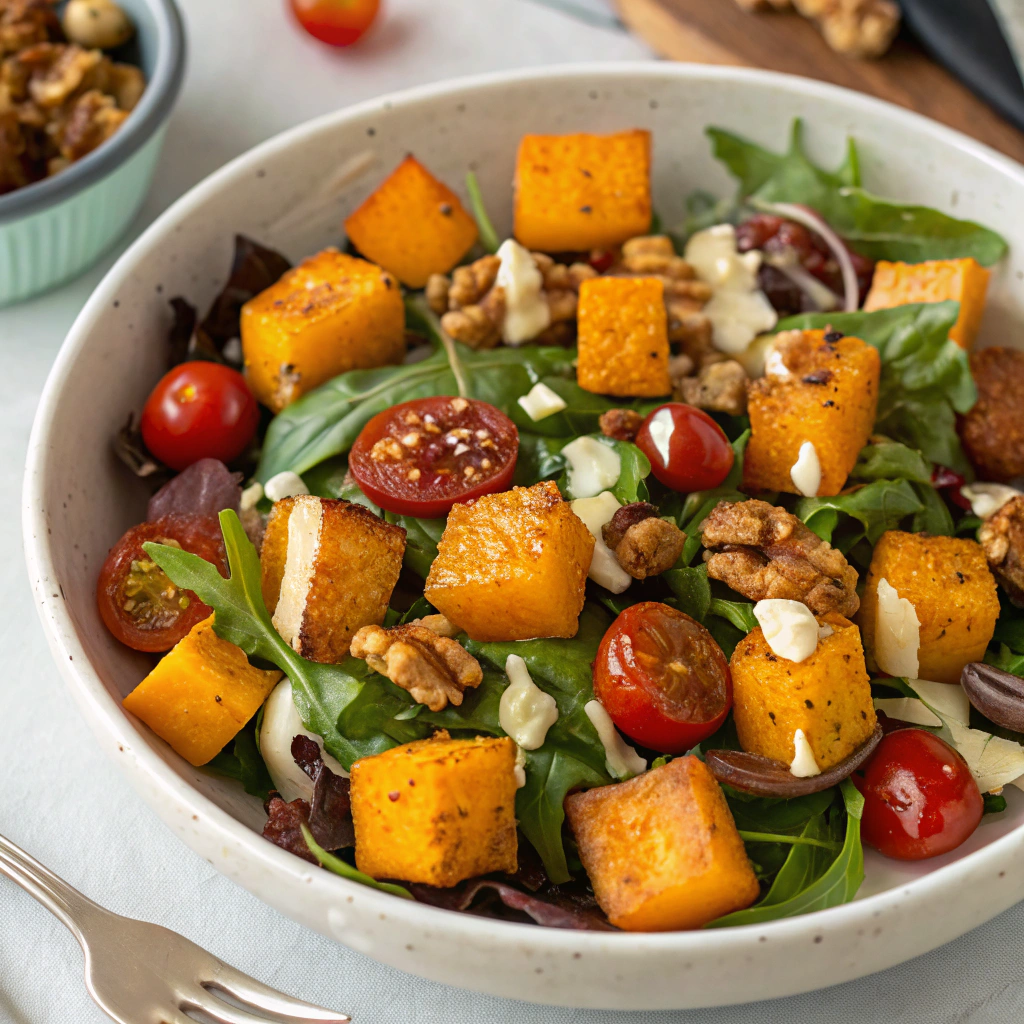 Roasted butternut squash salad with walnuts and feta cheese