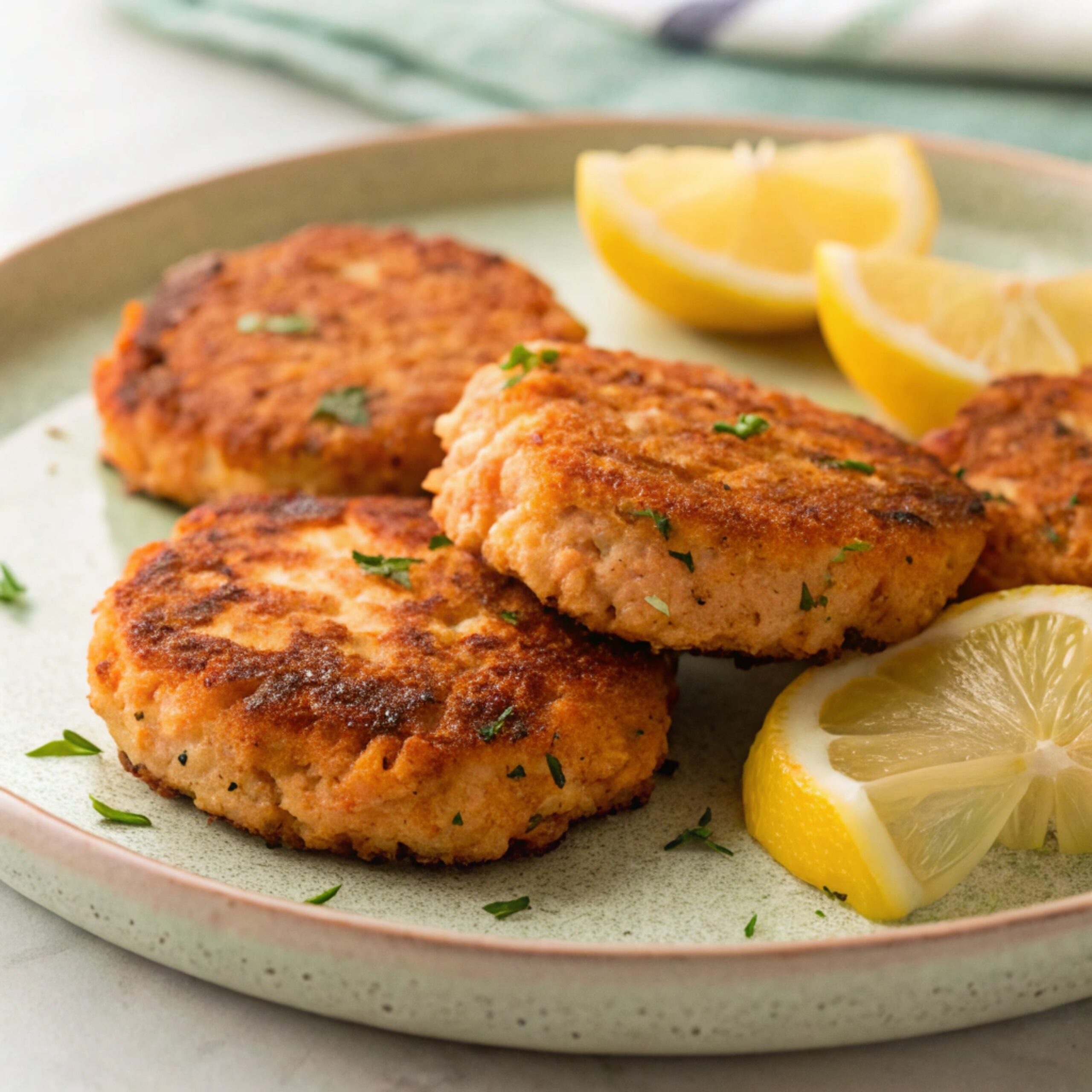 Perfectly cooked salmon patties plated with fresh herbs, lemon wedges, and a side salad