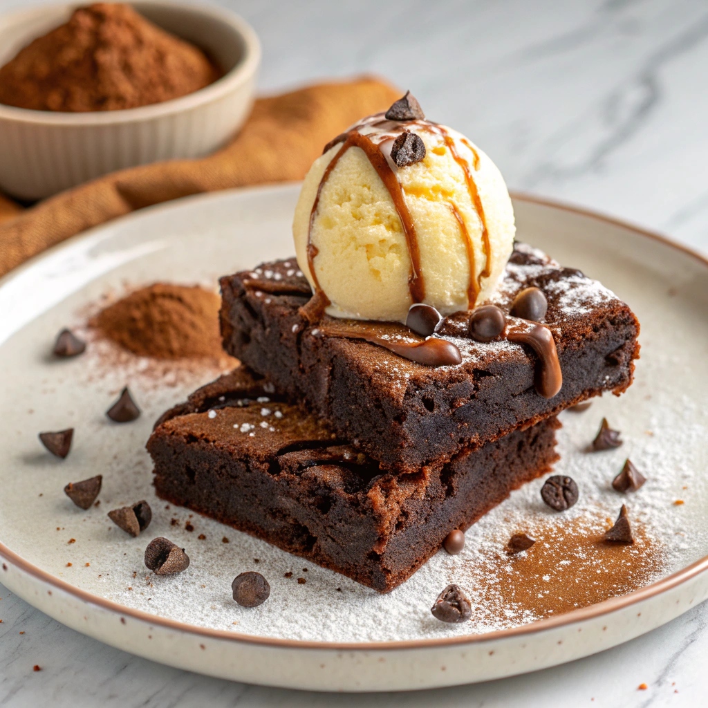 Warm fudgy brownies served with a scoop of vanilla ice cream drizzled with chocolate sauce