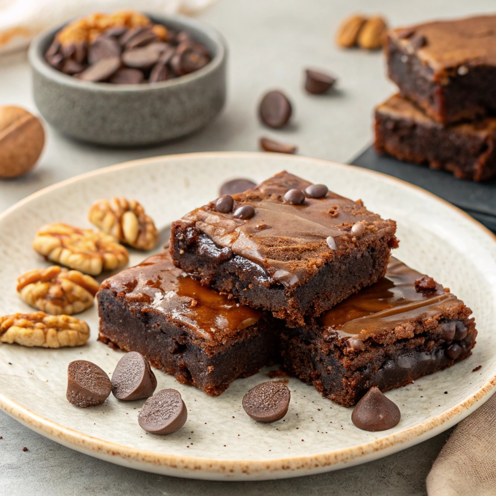 Close-up of rich, fudgy homemade brownies with a shiny crackly top, garnished with chopped nuts