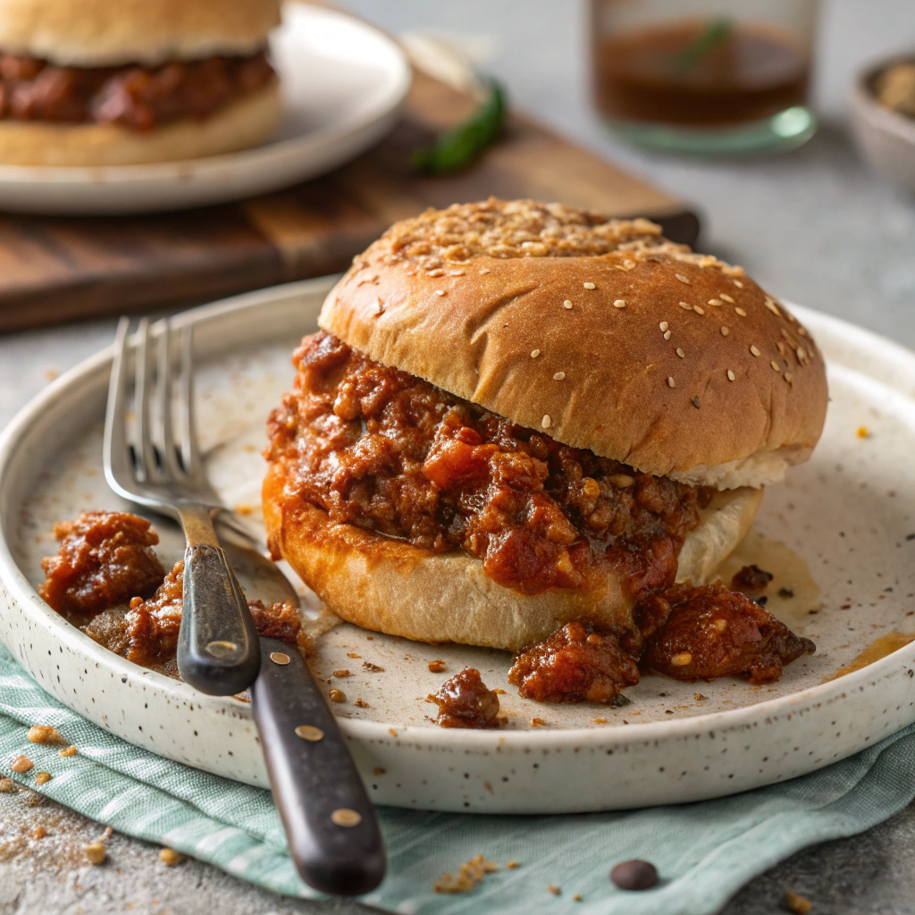 Mouthwatering Sloppy Joe on a bun, featuring savory ground meat and rich sauce, perfect for a hearty meal.