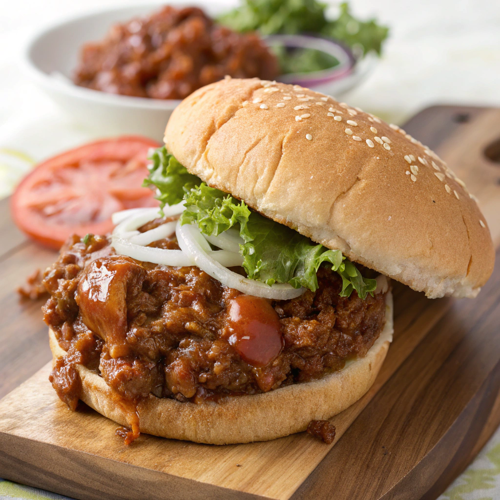 Mouthwatering Sloppy Joe on a bun, featuring savory ground meat and rich sauce, perfect for a hearty meal.