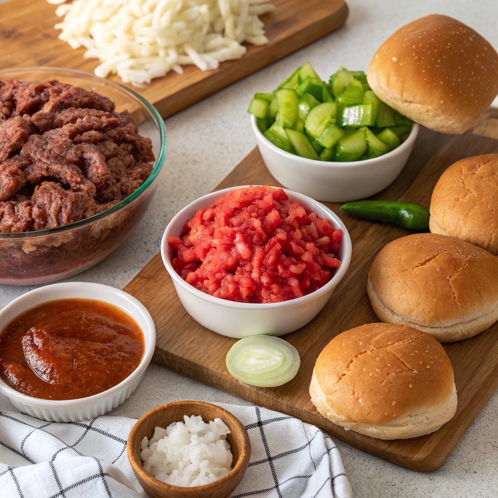 Sequential images showing the process of browning ground beef, mixing with sauce, and assembling Sloppy Joe sandwiches.