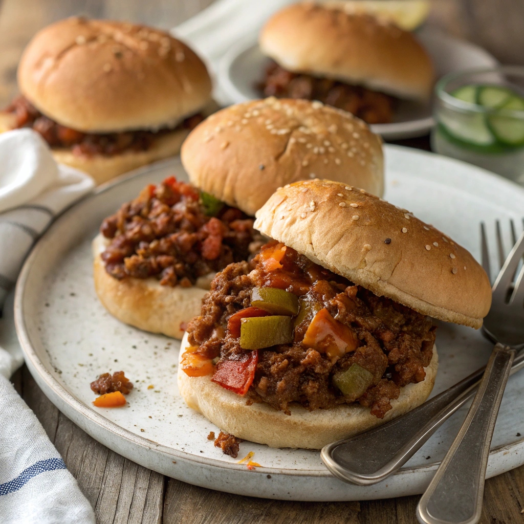 A plate of cooked Sloppy Joe recipe sandwiches with ground meat, tomato sauce, and sandwich buns.