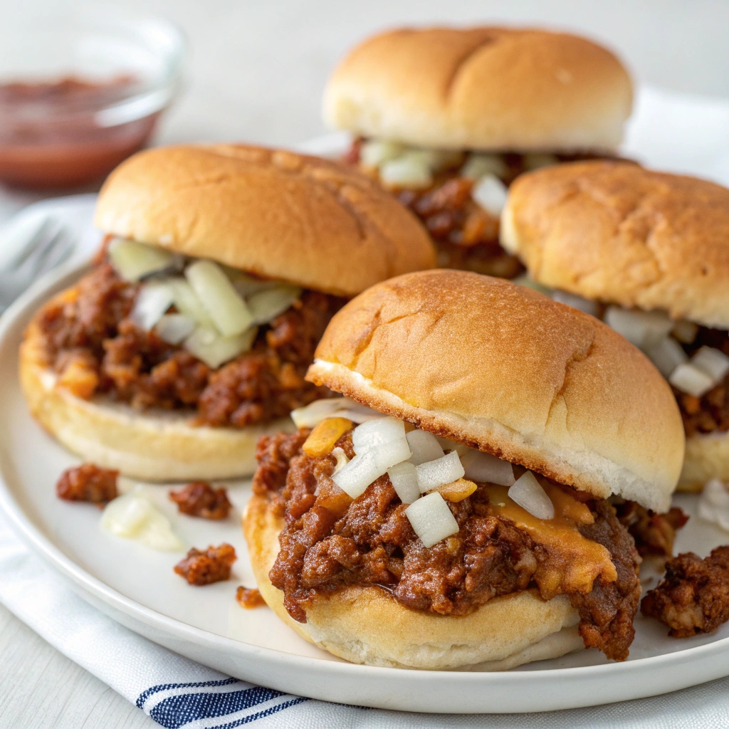 Close-up of a messy Sloppy Joe sandwich with shredded meat in a soft bun, topped with a dollop of sauce.