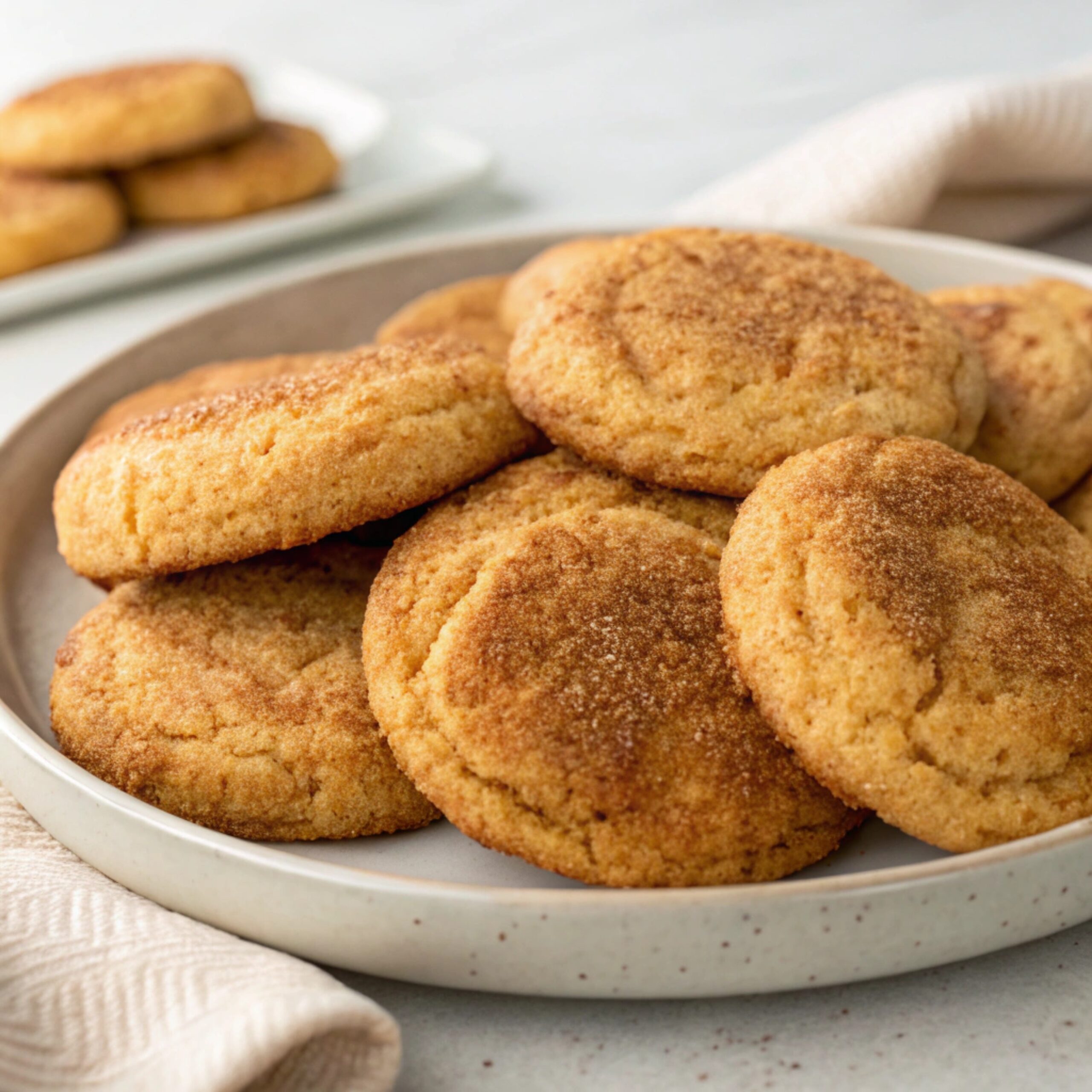 Close-up of a soft, cinnamon-sugar coated Snickerdoodle cookie showing its slightly cracked surface.
