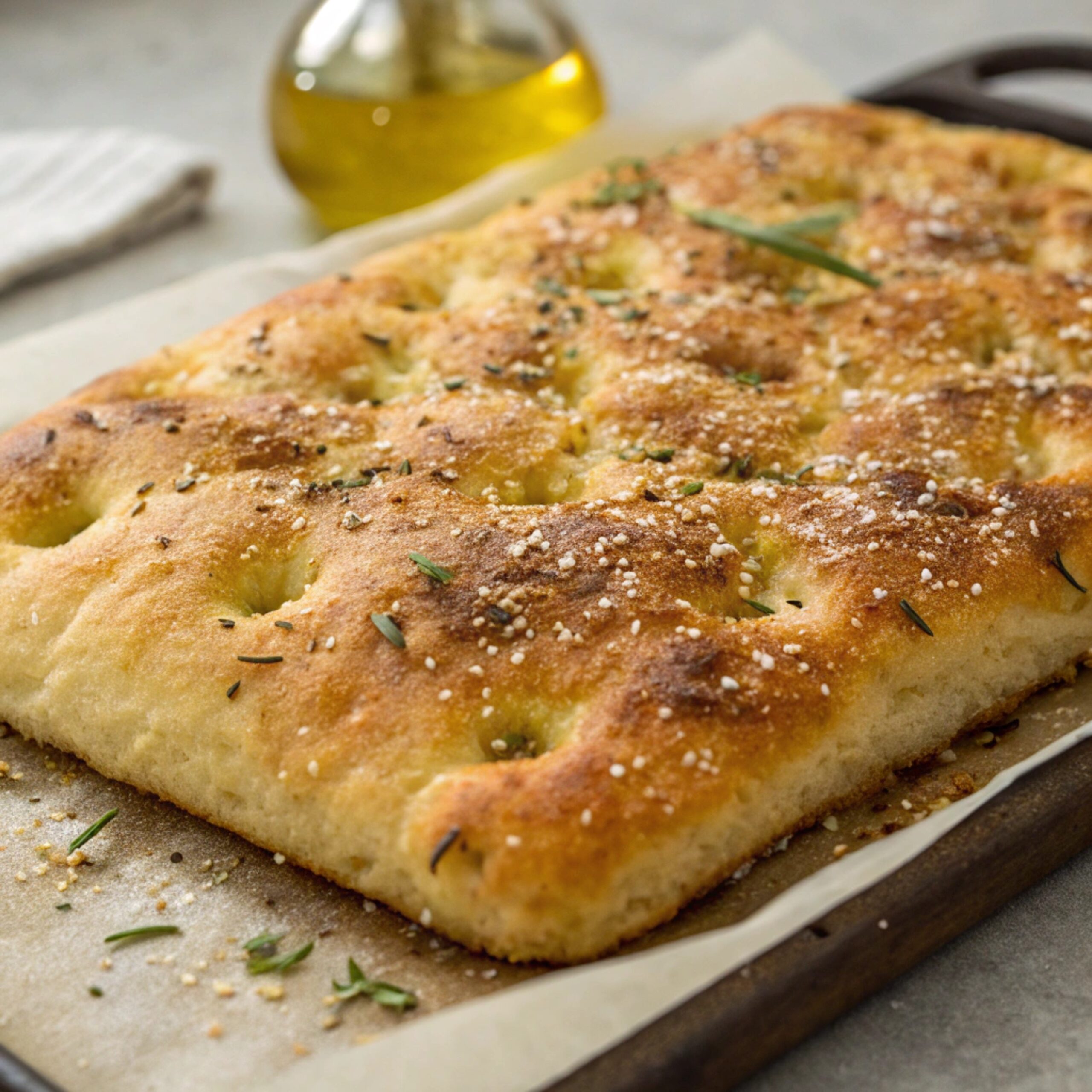 "Golden baked sourdough focaccia topped with rosemary and sea salt"