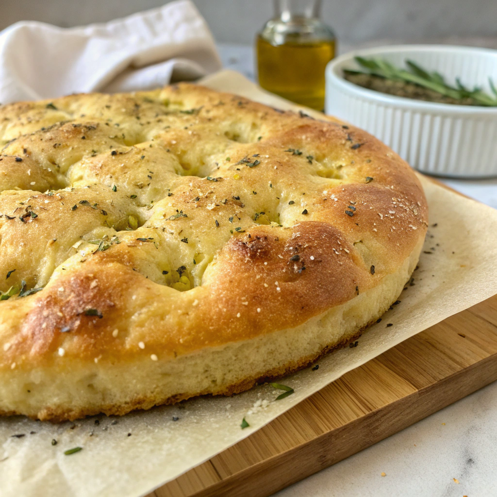 Sliced sourdough focaccia recipe with olive oil drizzle