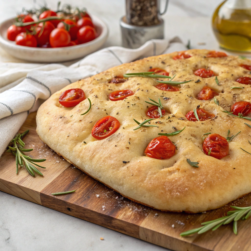Sourdough focaccia topped with fresh cherry tomatoes, rosemary, and flaky sea salt