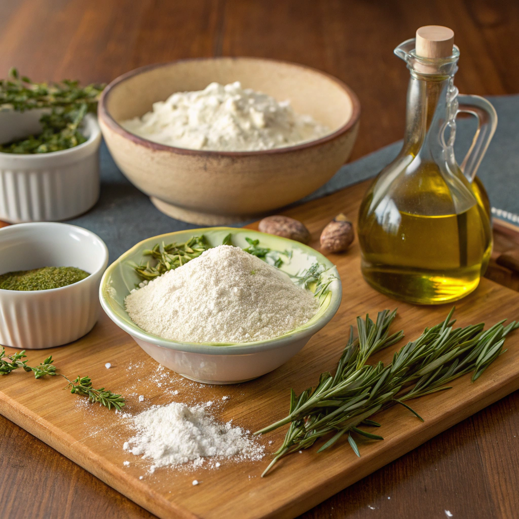 "Ingredients for sourdough focaccia laid out on a surface, including flour, water, sourdough starter, olive oil, salt, and toppings like herbs and cherry tomatoes"