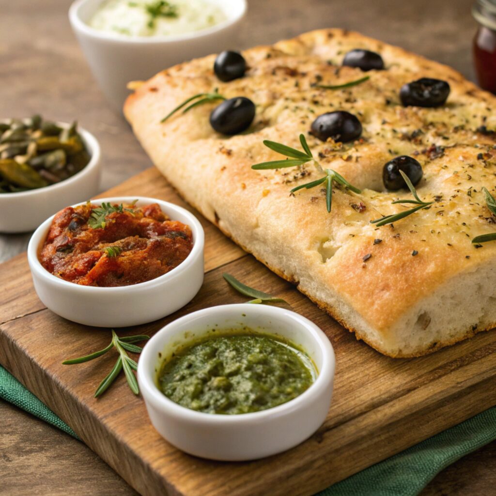 Warm sourdough focaccia sliced and served on a plate, topped with fresh herbs and sea salt