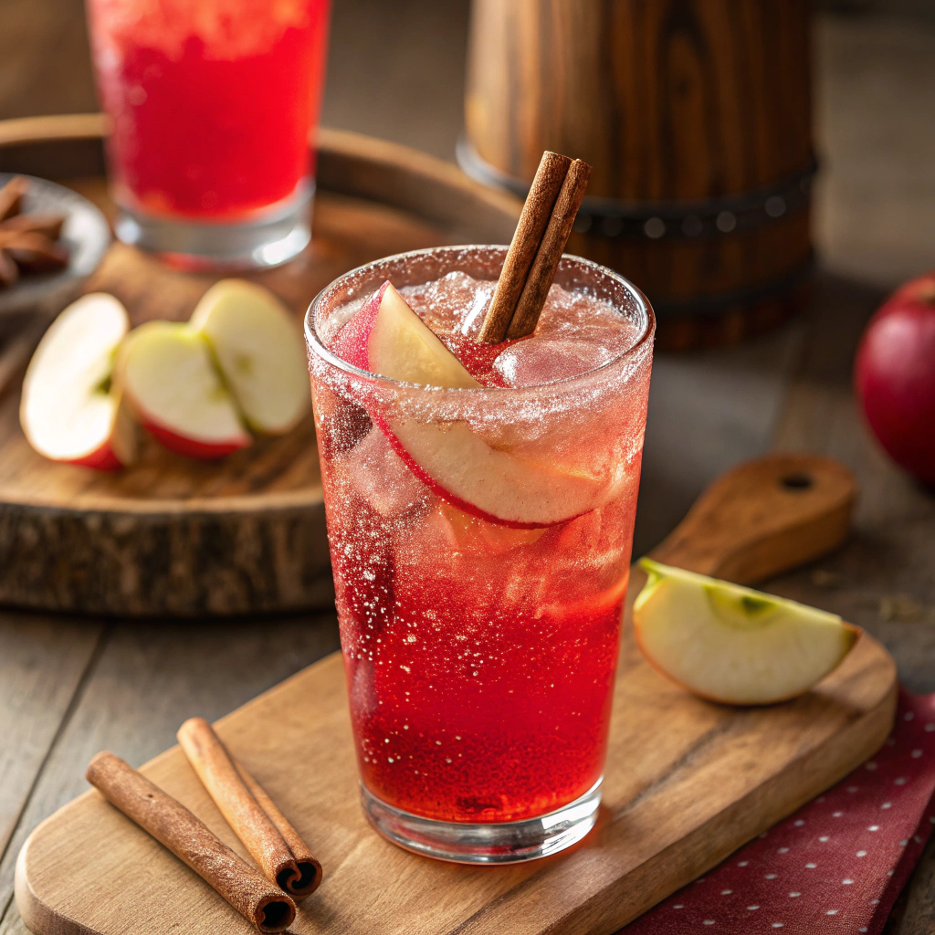 Spiced Apple Fizz served in a glass , non-alcoholic mocktail perfect for any gathering.