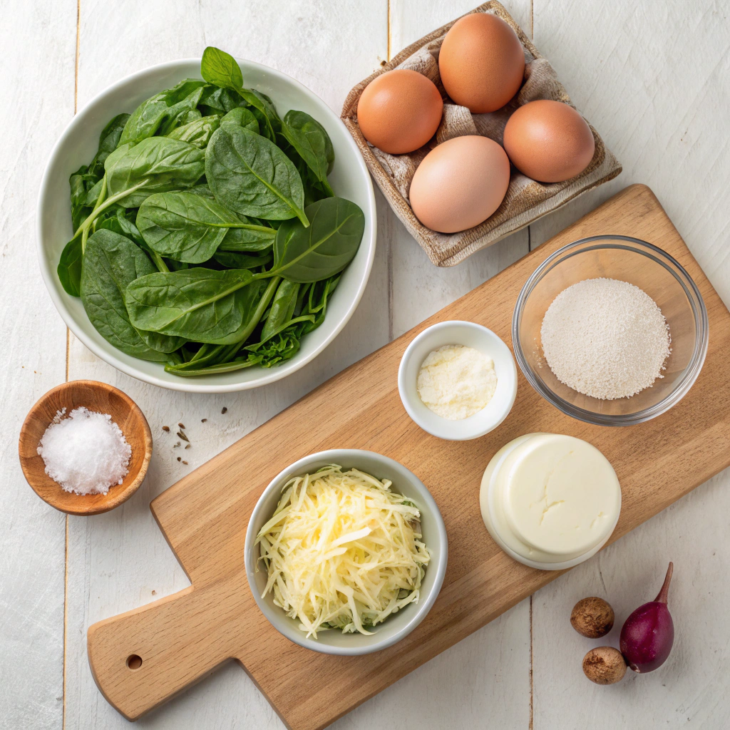 A collection of fresh ingredients for spinach quiche, including all-purpose flour, cold butter, water, salt, olive oil, chopped onions, fresh spinach, eggs, heavy cream, shredded cheese, and seasonings.
