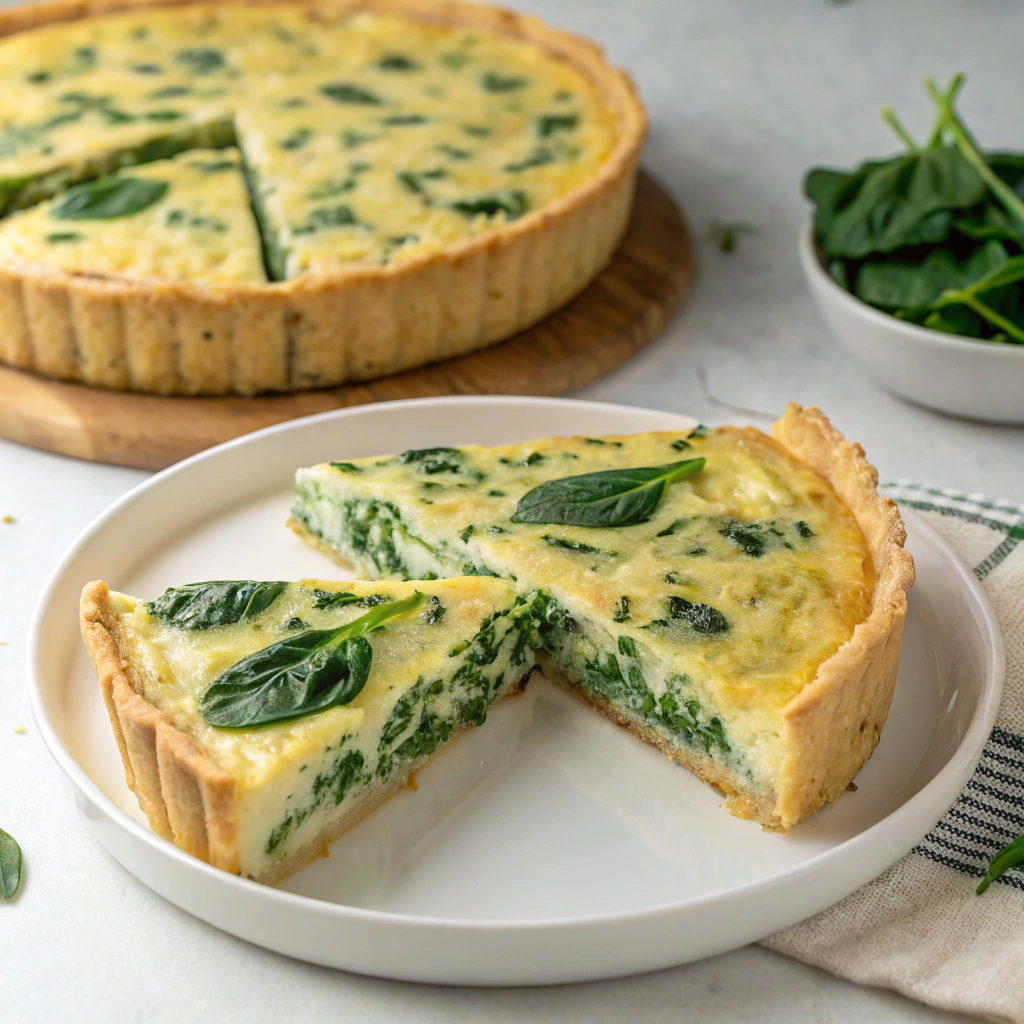 A sliced piece of spinach quiche showing the creamy filling with spinach and cheese nestled in a golden, flaky crust.