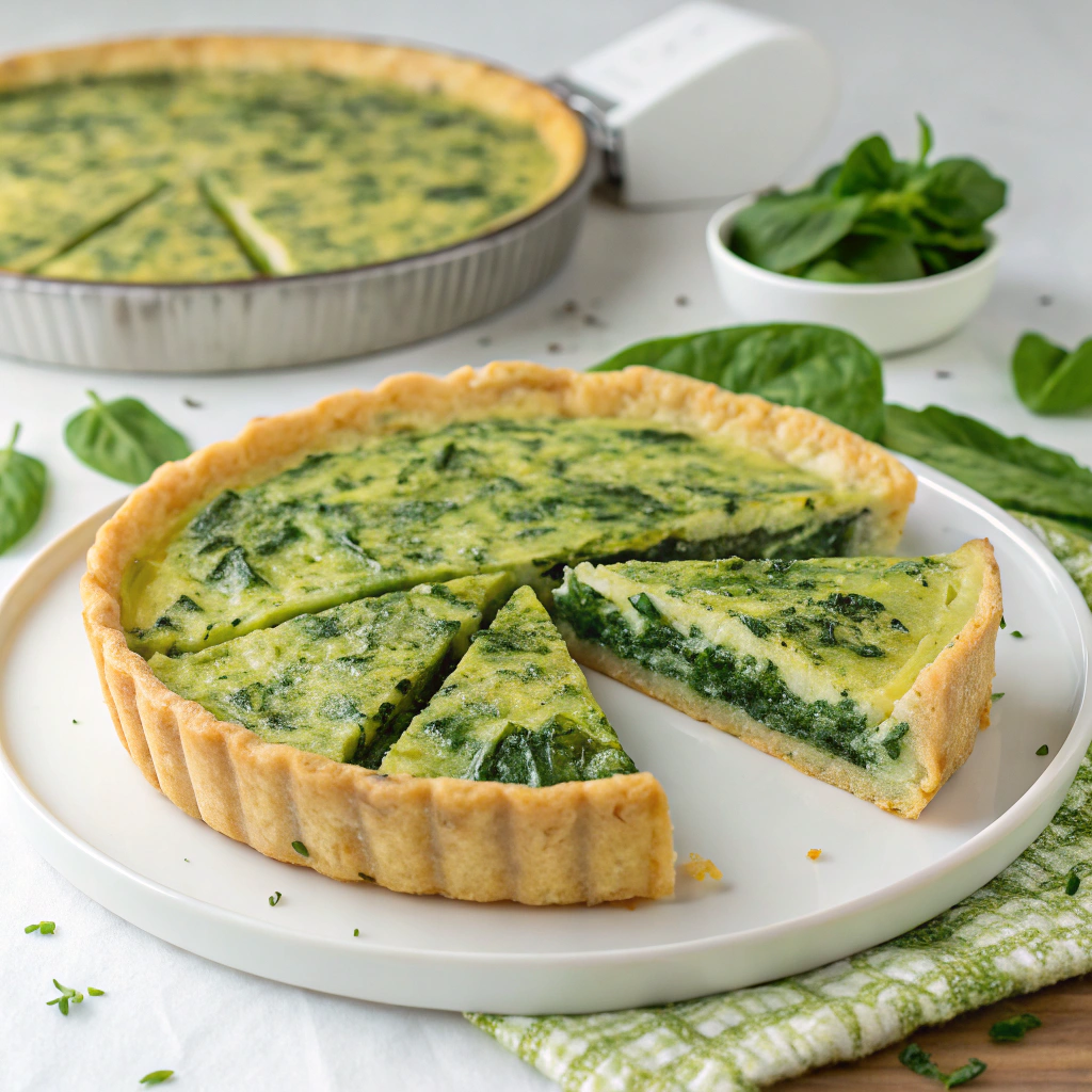 A close-up shot of a slice of spinach quiche showing the flaky crust and creamy spinach and cheese filling, paired with a vibrant green salad featuring radishes, cucumbers, nuts, and dried cranberries.