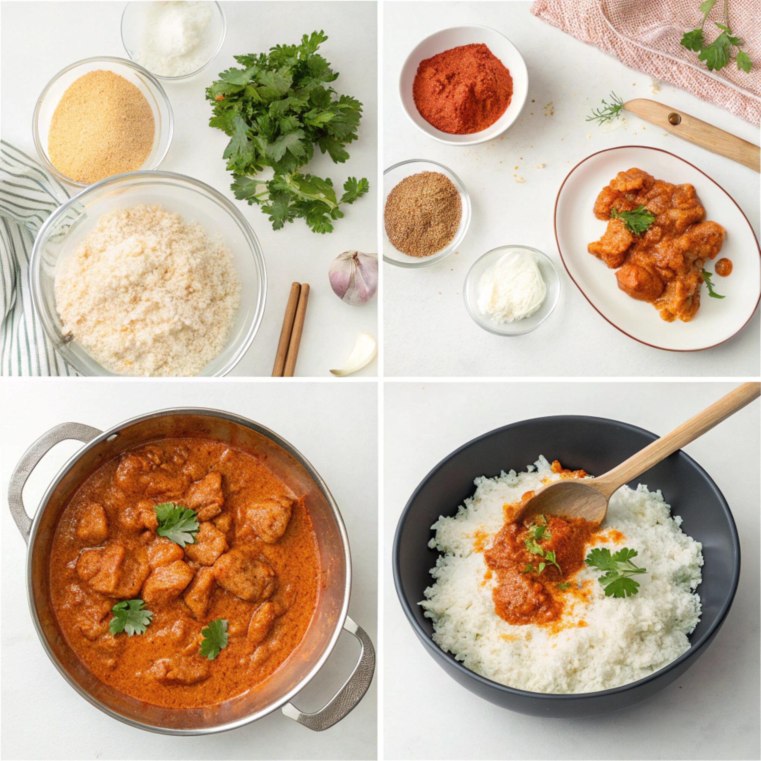 This vibrant image displays all the essential ingredients for preparing a festive Chicken Tikka Masala feast. It includes raw chicken pieces, a variety of colorful vegetables like carrots, zucchini, and cauliflower, along with bowls of spices such as cumin, coriander, and garam masala. Also visible are fresh herbs, a bowl of thick yogurt for the cucumber raita, and lemon wedges—showcasing everything needed to create a flavorful, colorful, and well-balanced holiday meal.