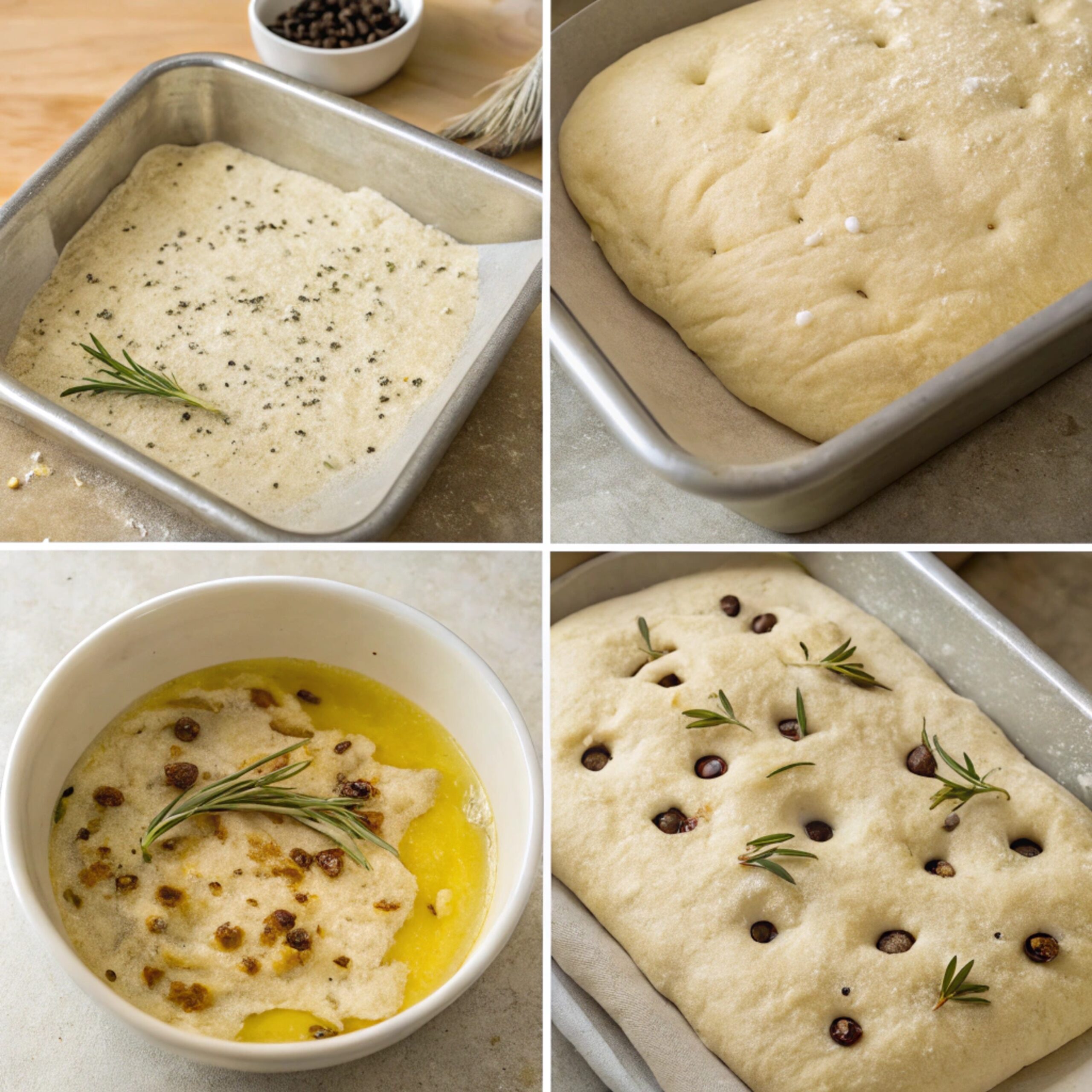 "Step-by-step images showing mixing dough, fermenting, spreading in a pan, adding toppings, and baking sourdough focaccia recipe"