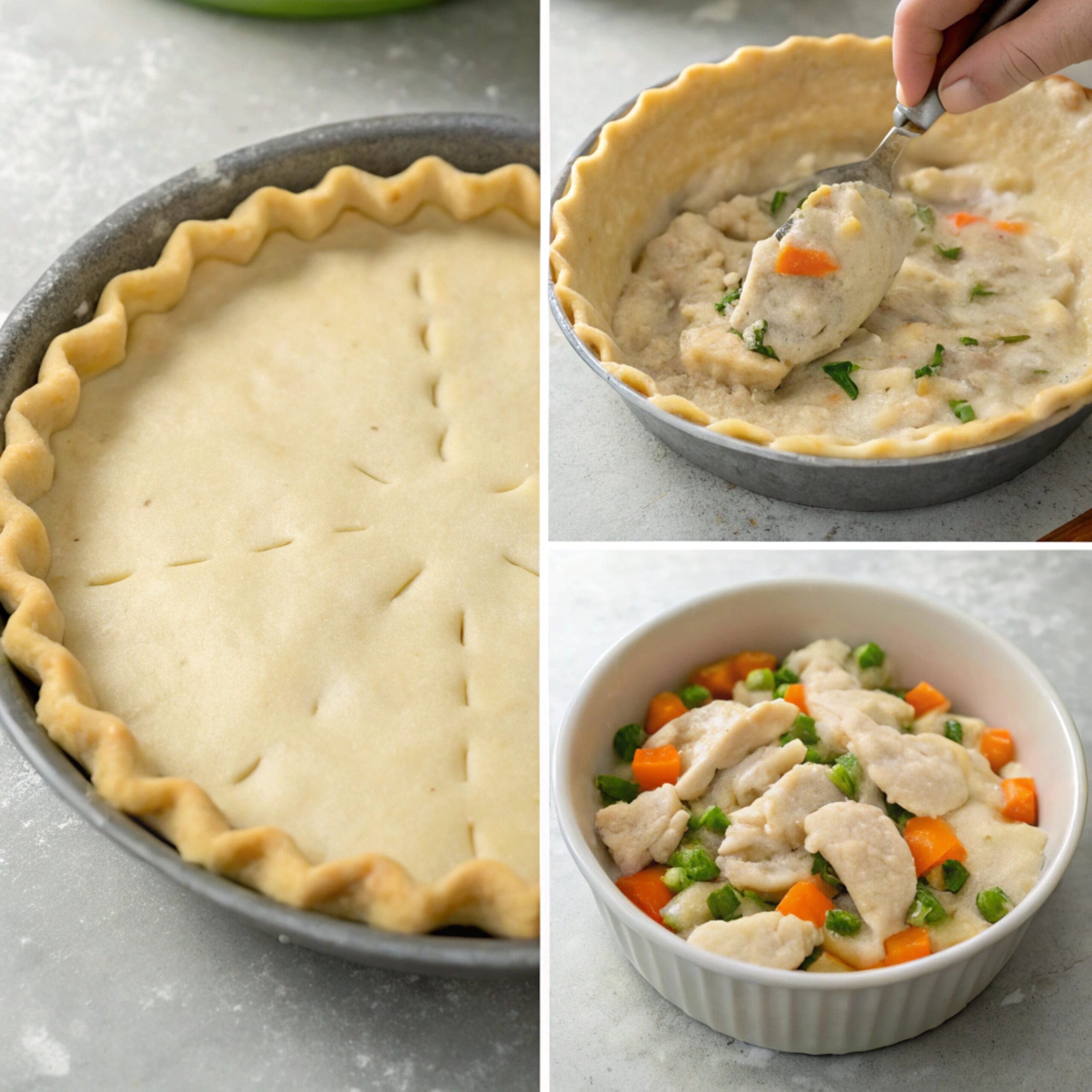 "Step-by-step images showing preparing the filling, assembling the pie, topping with crust, and baking the chicken pot pie"