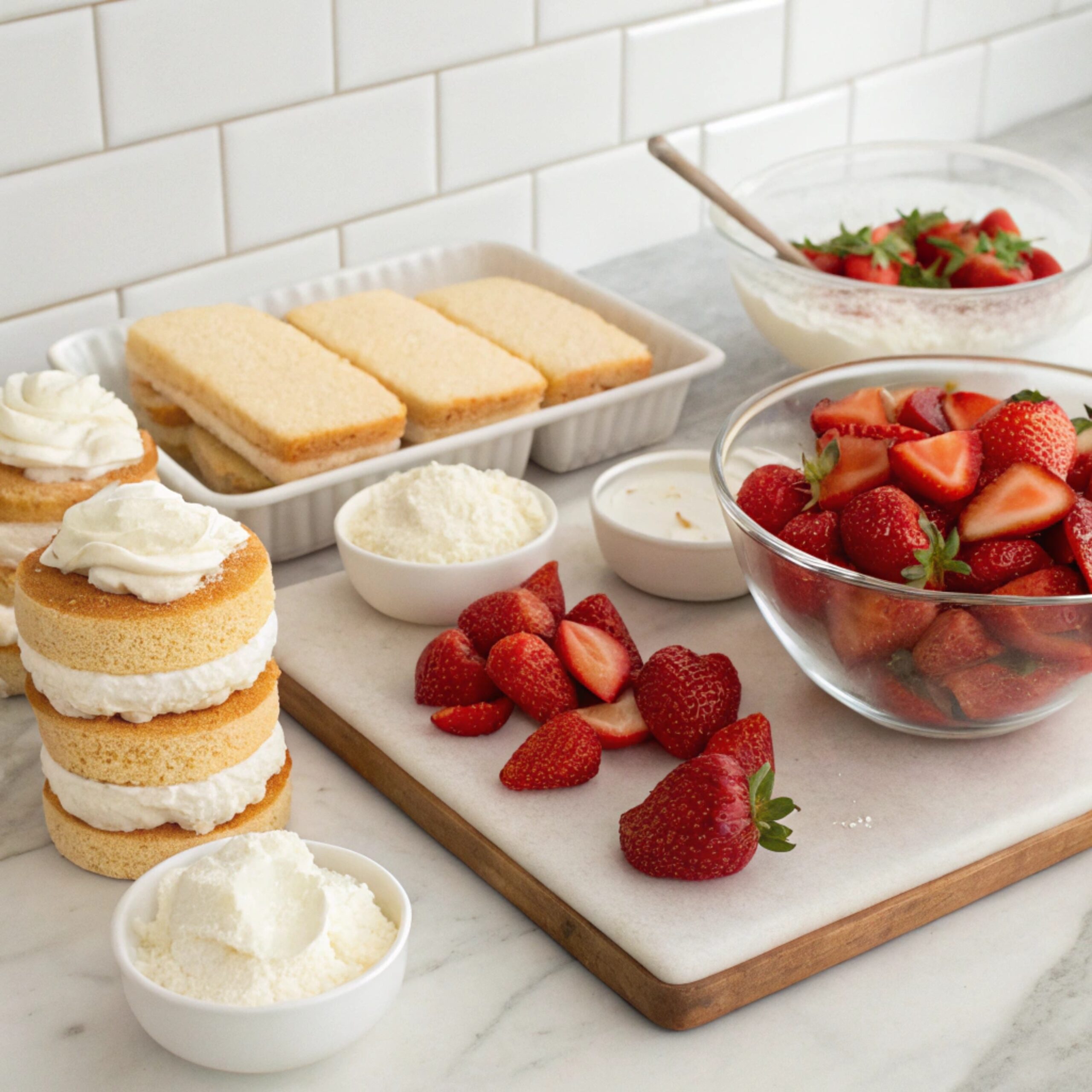 Shortcake ingredients including flour, sugar, butter, baking powder, and milk arranged on a kitchen counter.